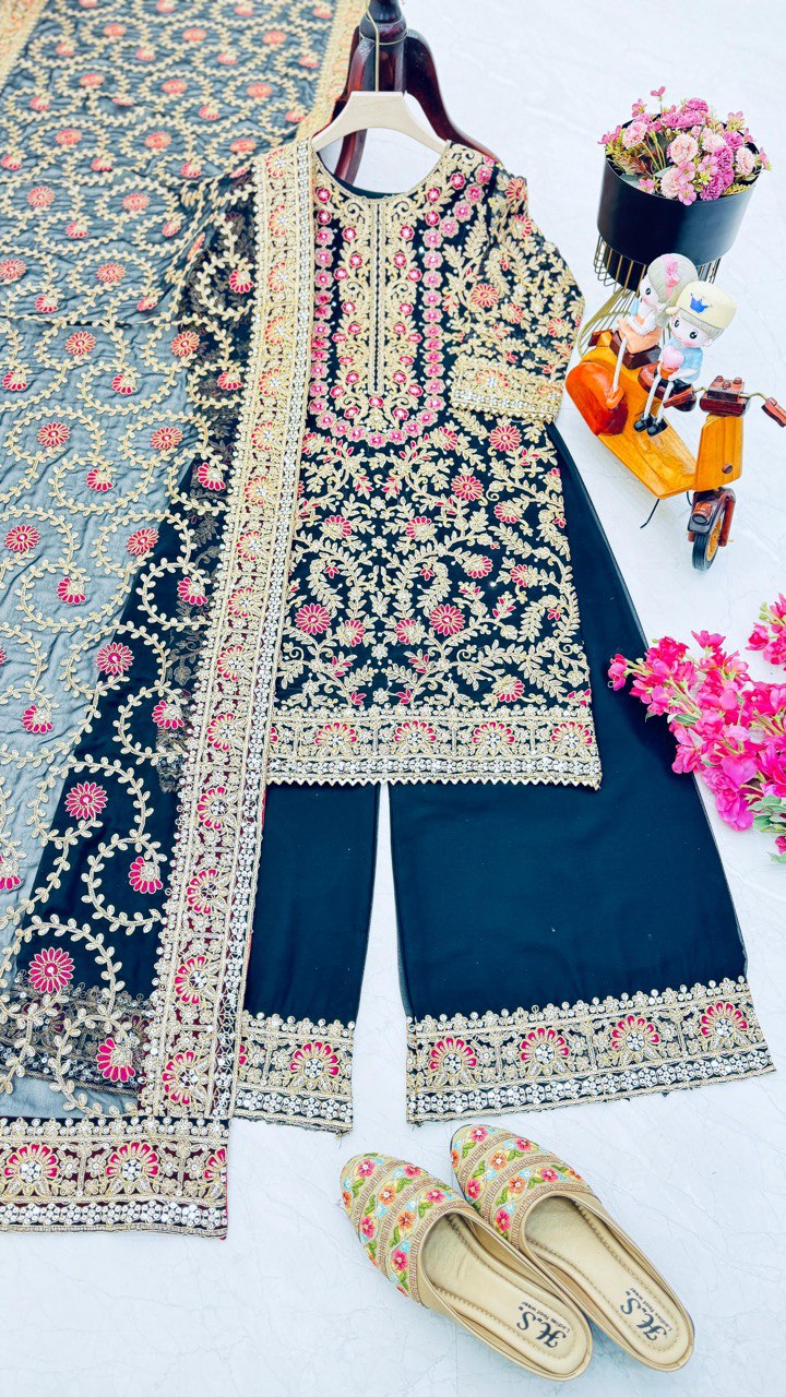 Demanding Navy Blue Color Sequence Work Palazzo Suit
