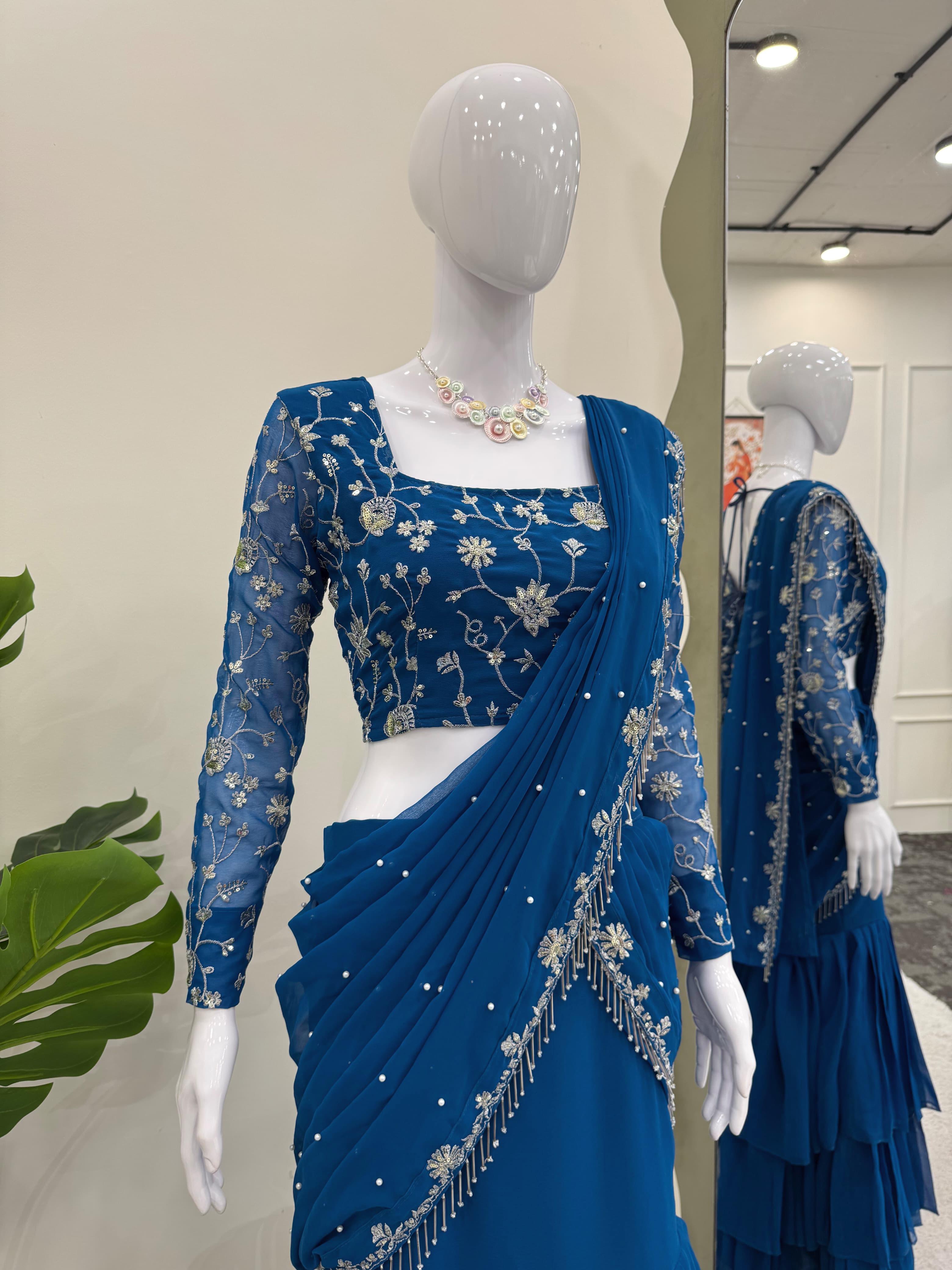 Look Designer Blue Color Sequence Work Lehenga Saree