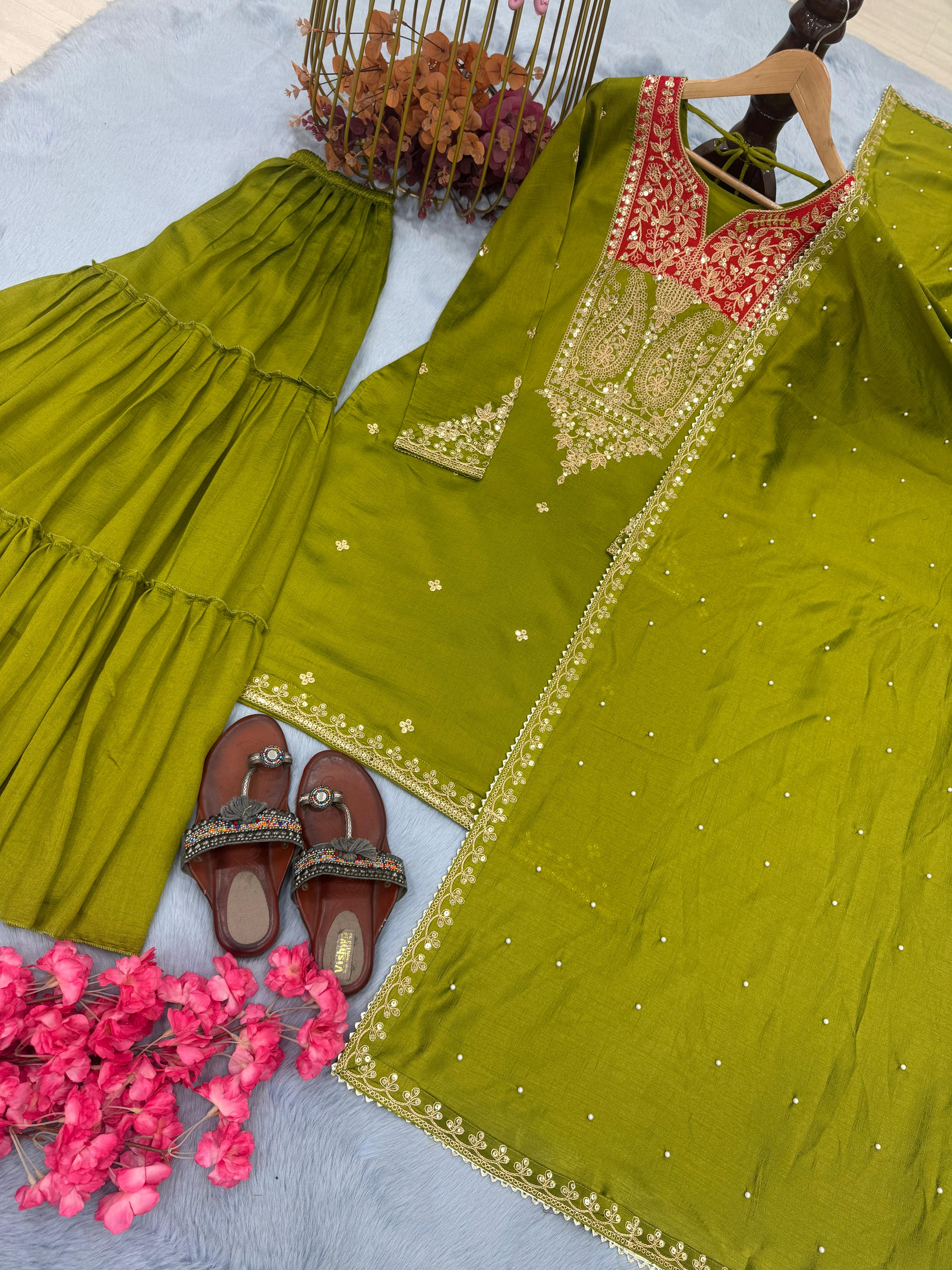 Opulent Vichitra 5mm Sequence Work Perrot Green Color Sharara Suit