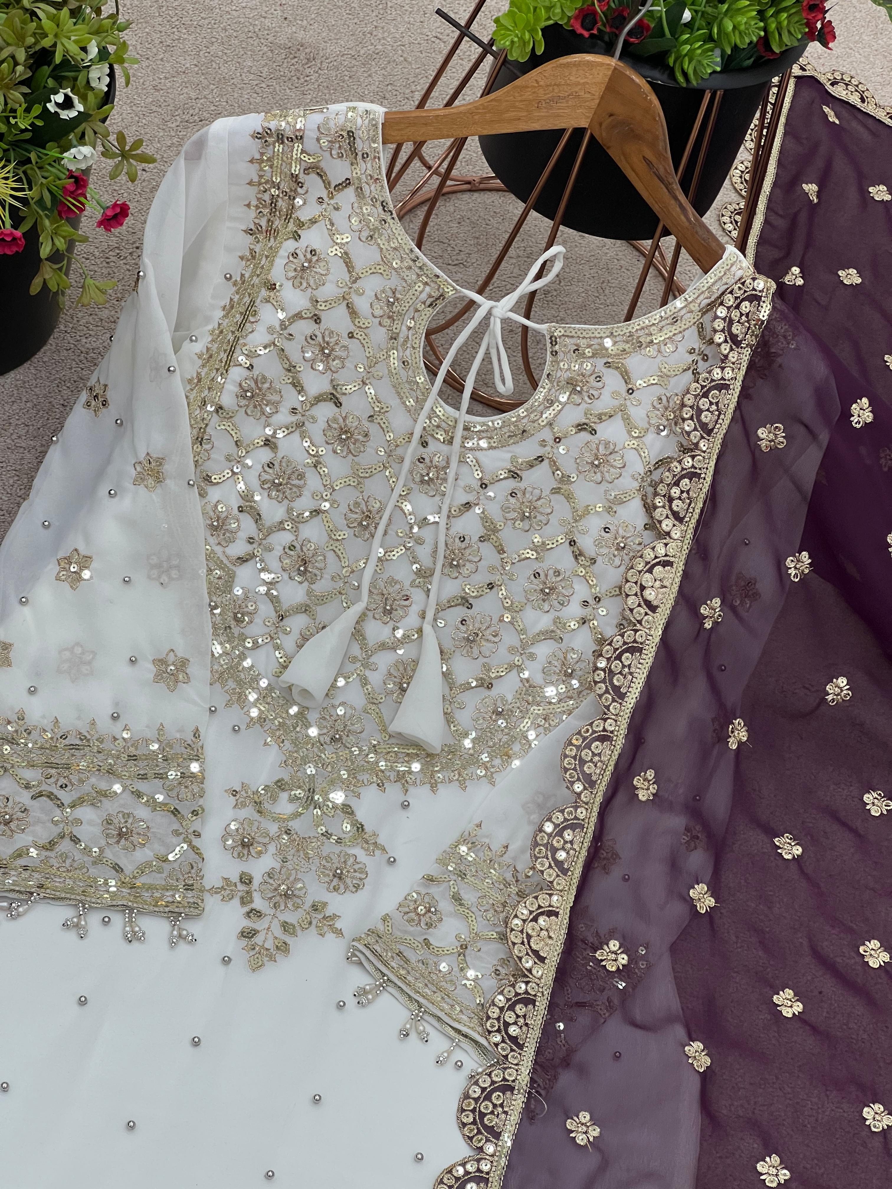 Fabulous Heavy Work White Color Suit With Wine Sharara