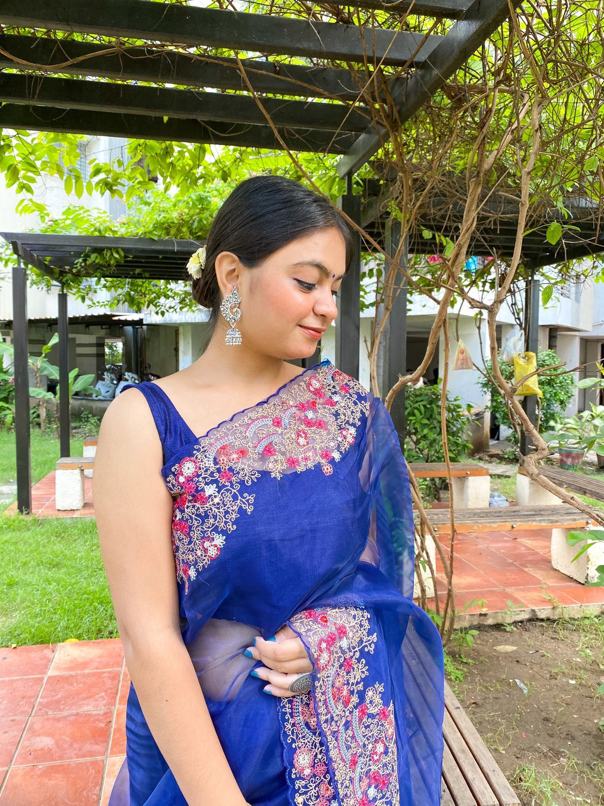 Lovely Organza Silk Navy Blue Color Saree