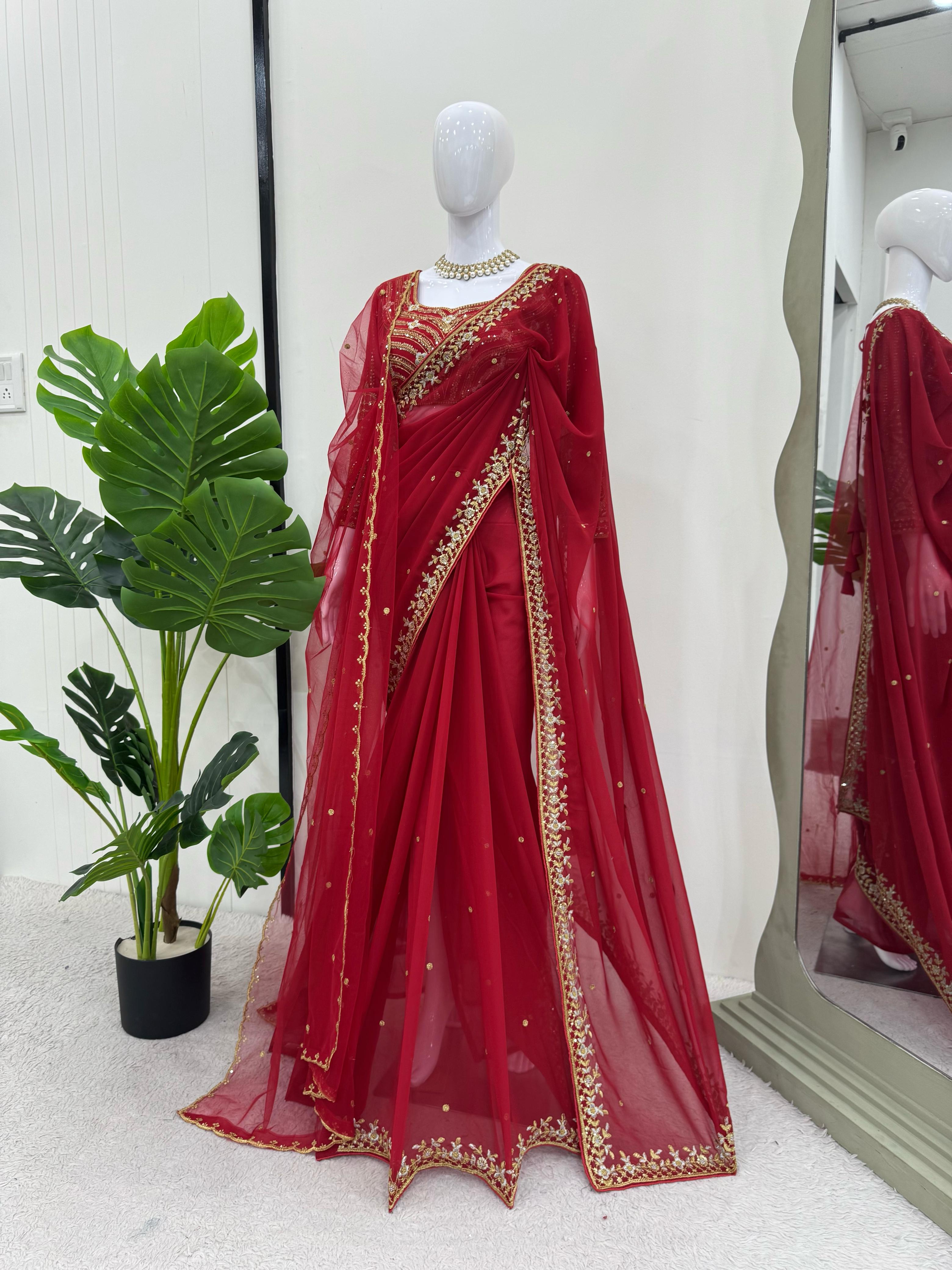 Awesome Heavy Work Red Color Saree