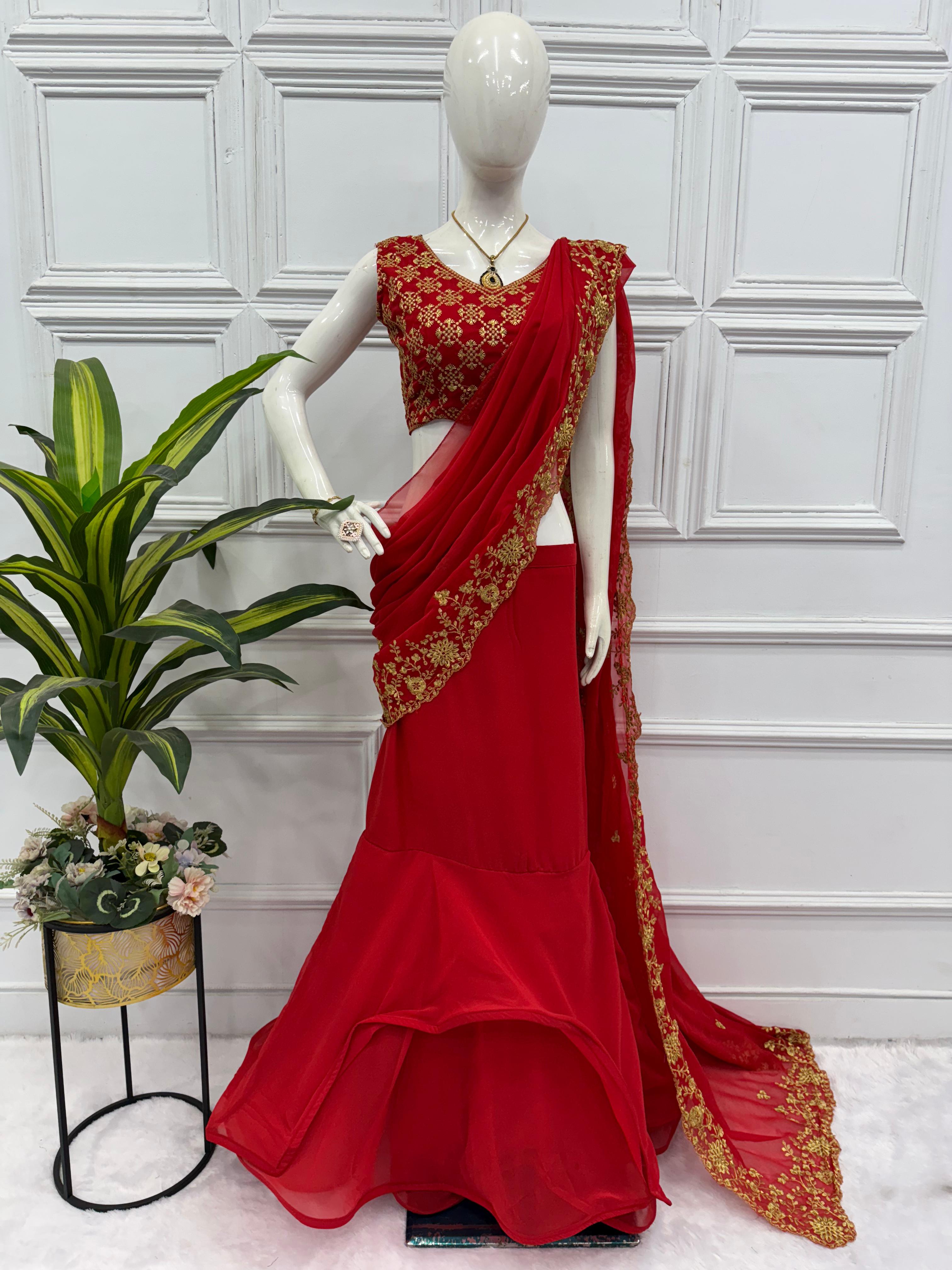 Marriage Special Faux Georgette Red Color Lehenga Saree