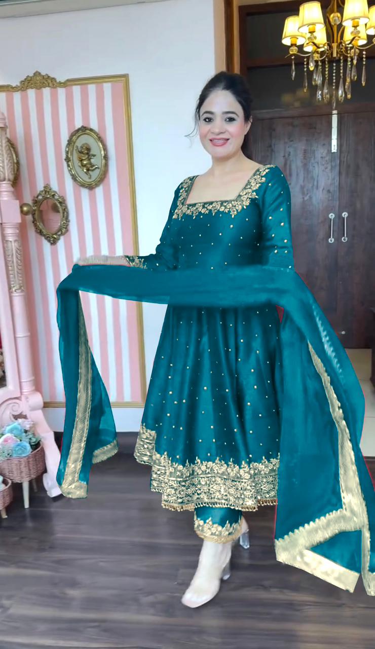 Glimmering Vichitra Silk Rama Color Anarkali Suit