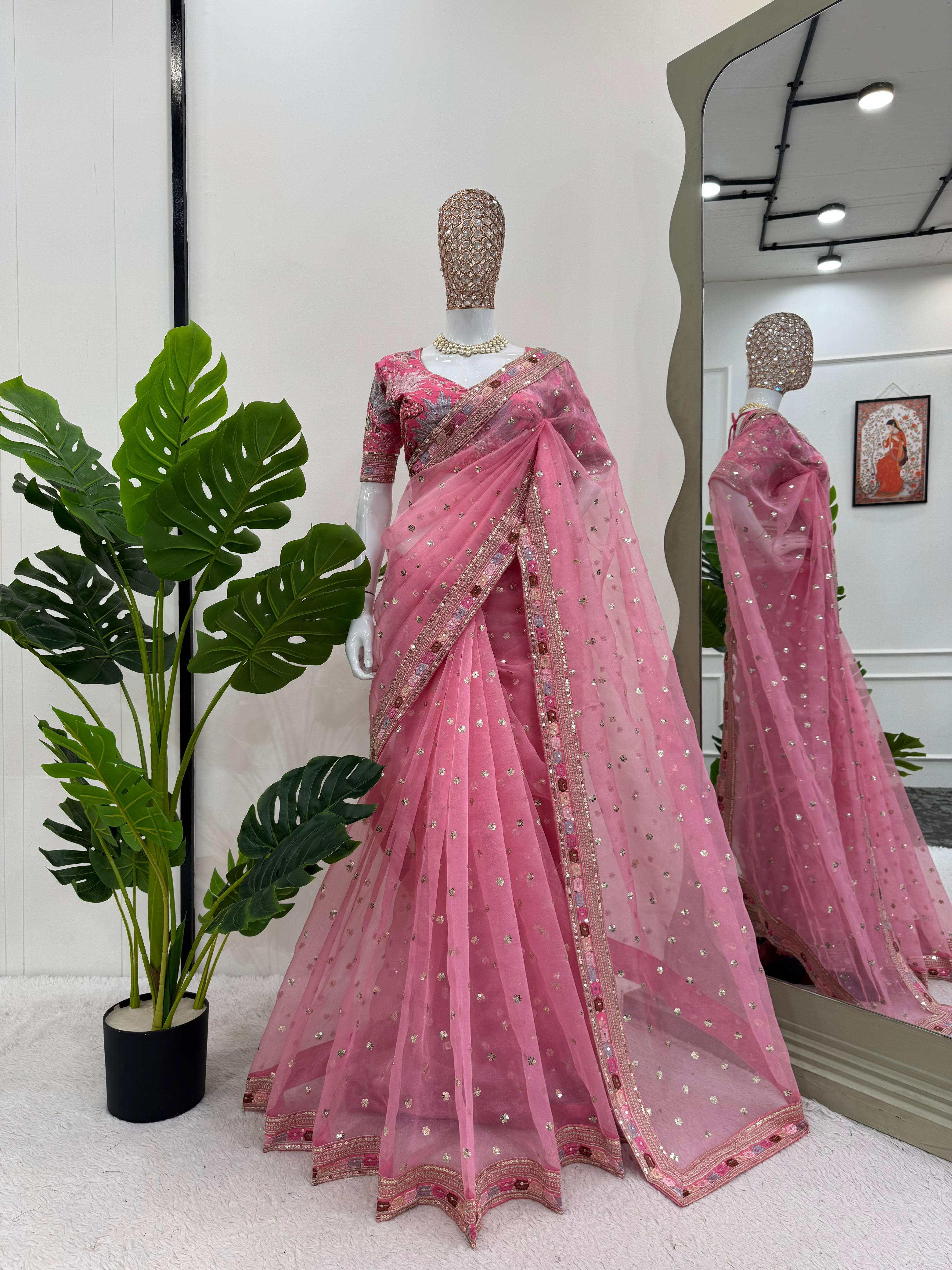 Captivating Organza Silk Pink Color Designer Saree