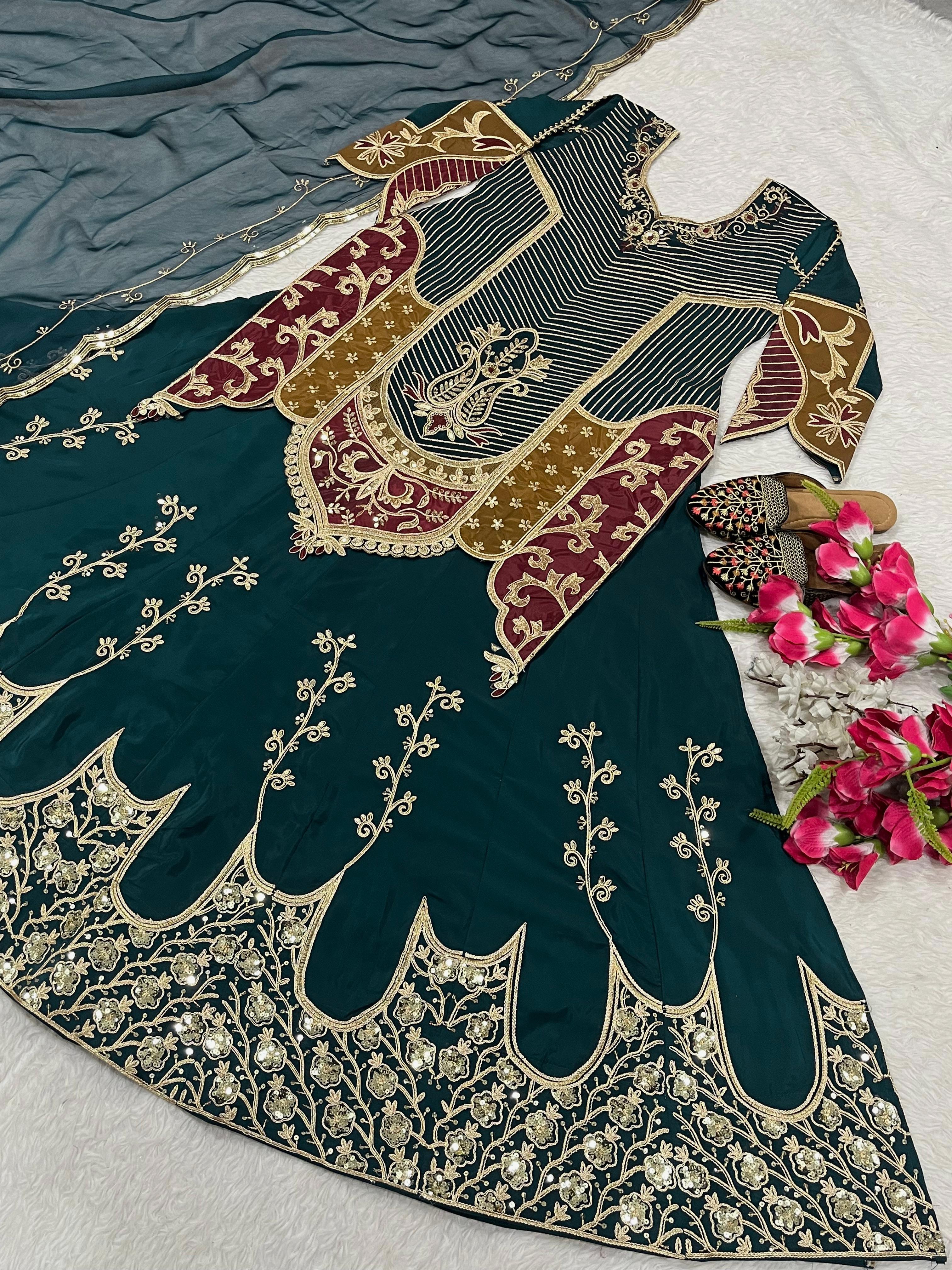 Function Wear Heavy Work Green Color Top With Lehenga