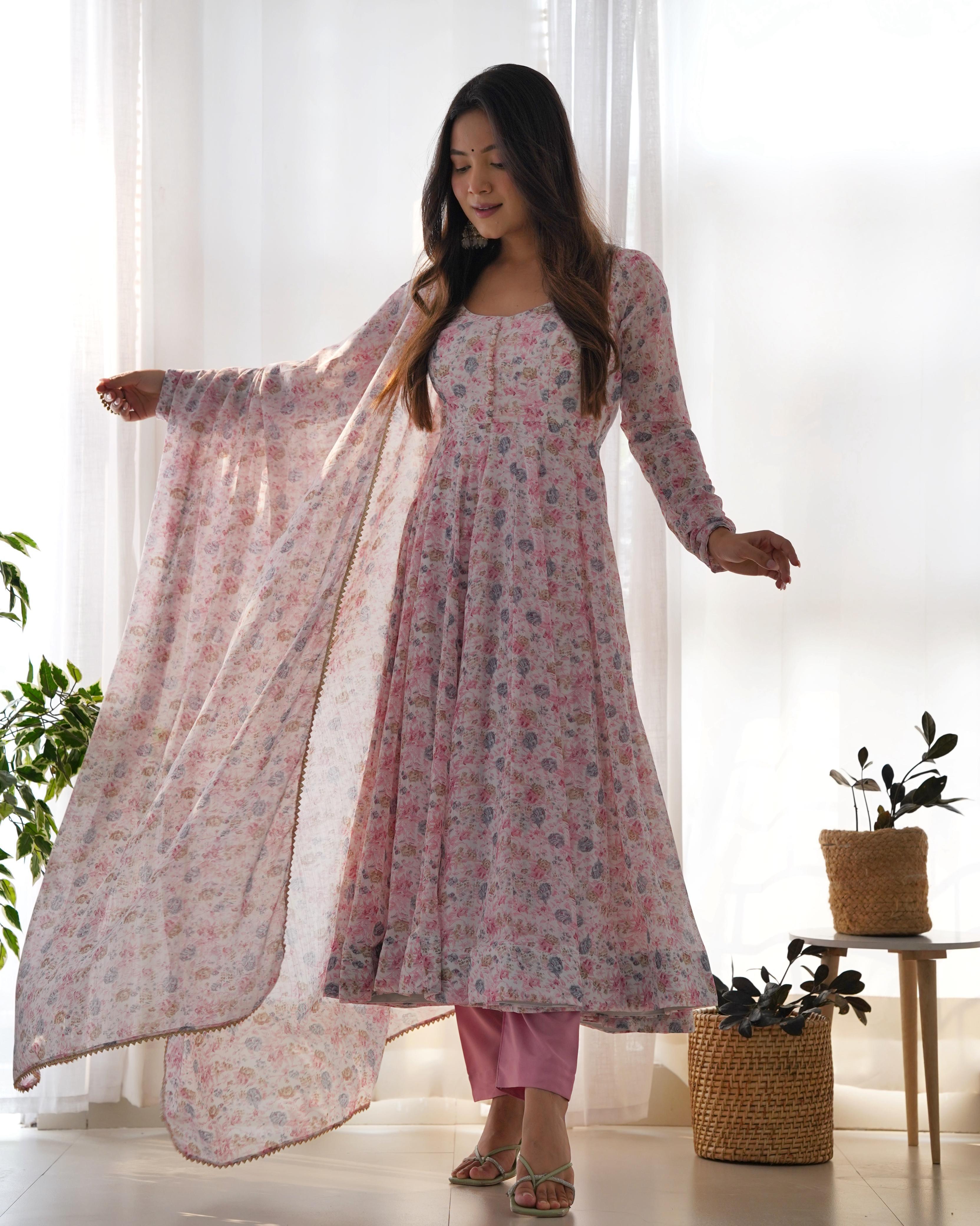 Trendy Orange Flower Print Pink Color Anarkali Suit