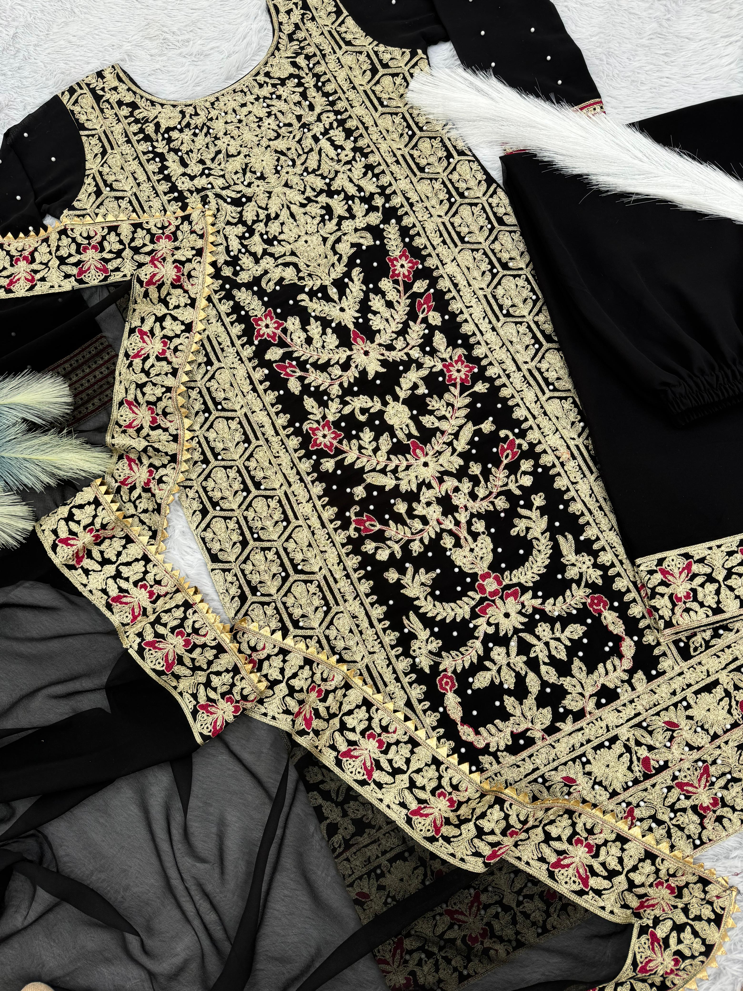 Pattern Wedding & Party Wear Moti Work Black Color Sharara Suit