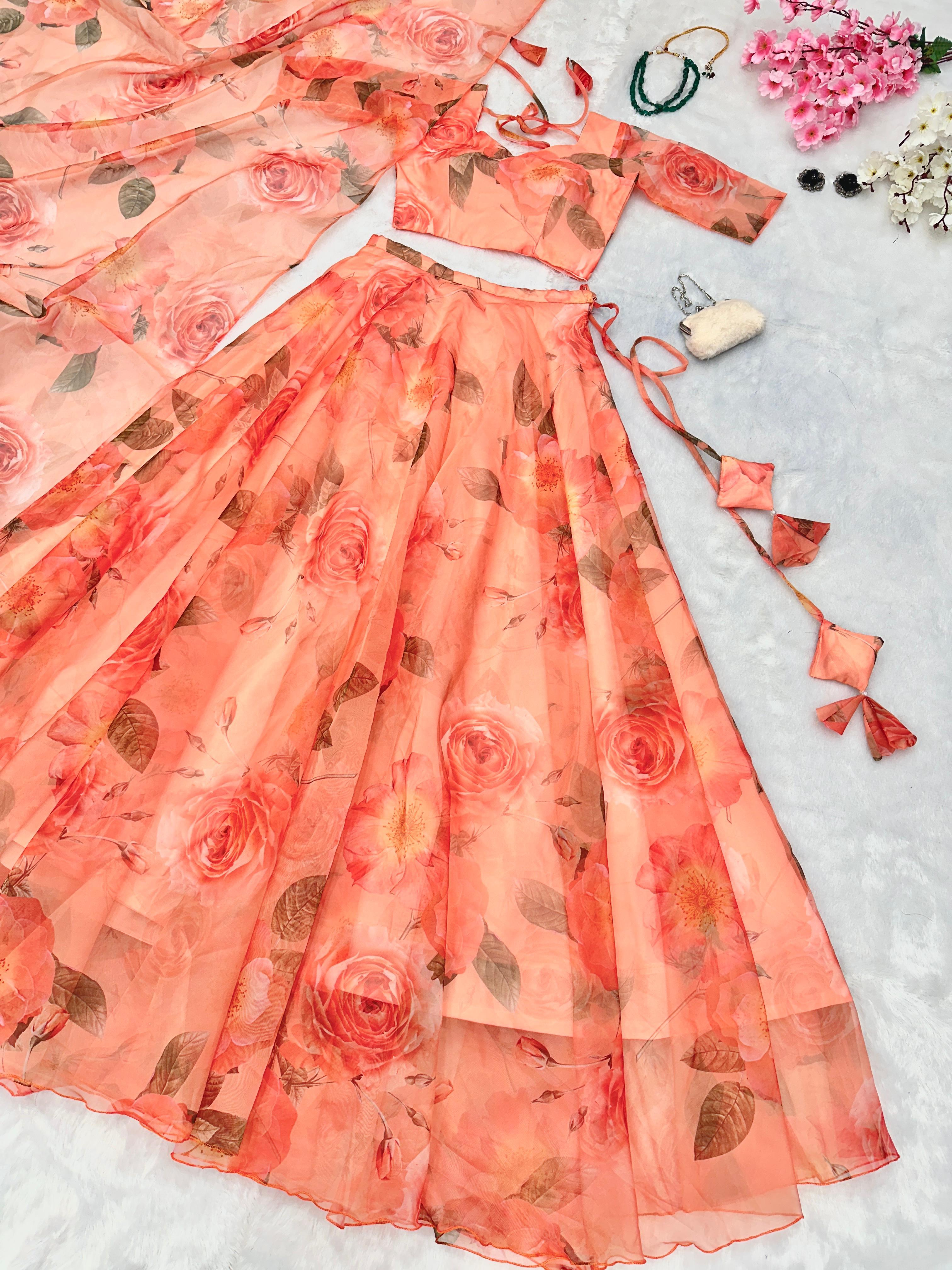 Beautiful White Color Organza Floral Printed Lehenga Choli