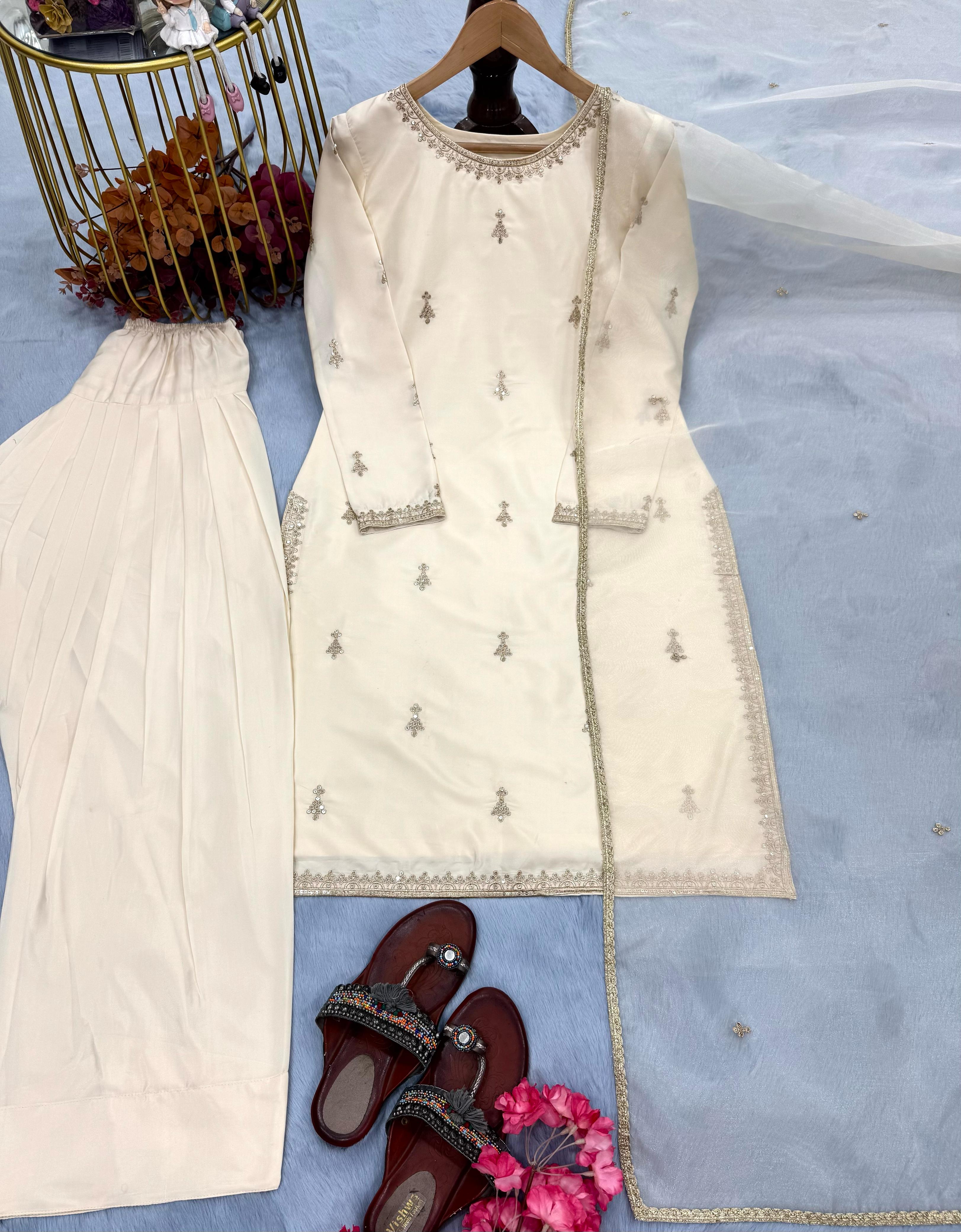 Delightful Embroidery Work Cream Color Palazzo Suit