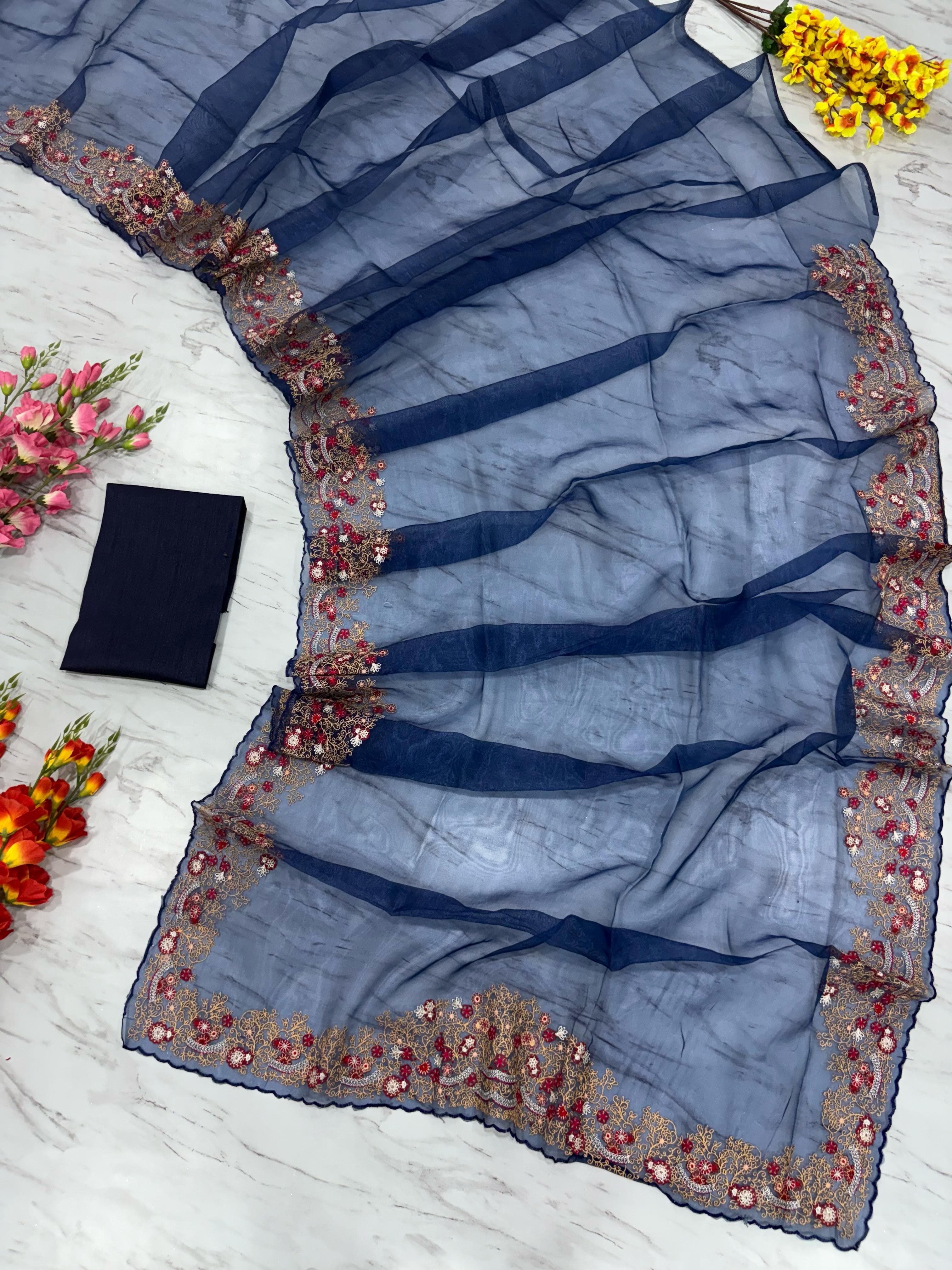 Lovely Organza Silk Navy Blue Color Saree