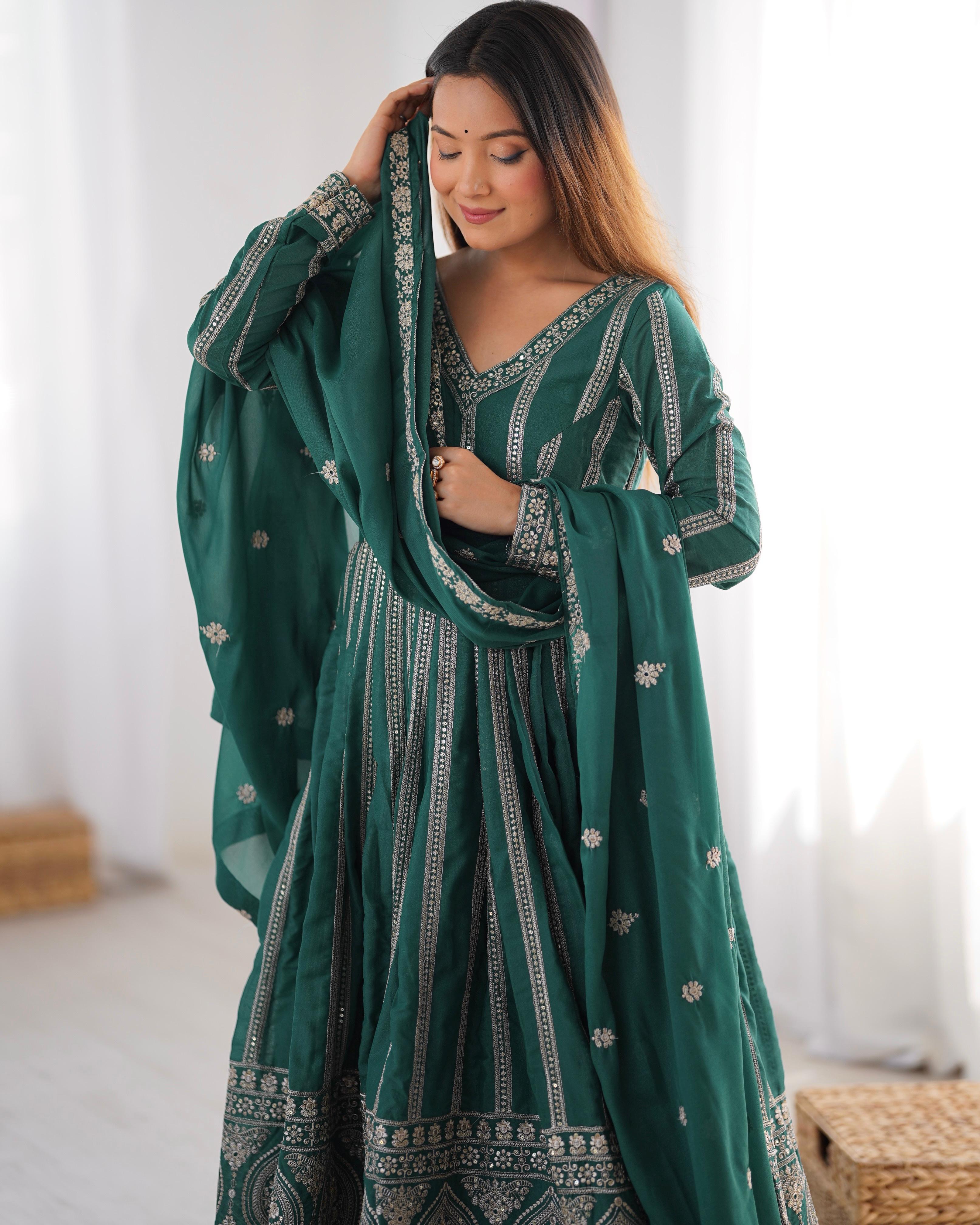 Wonderful Sequence Work Teal Green Color Gown