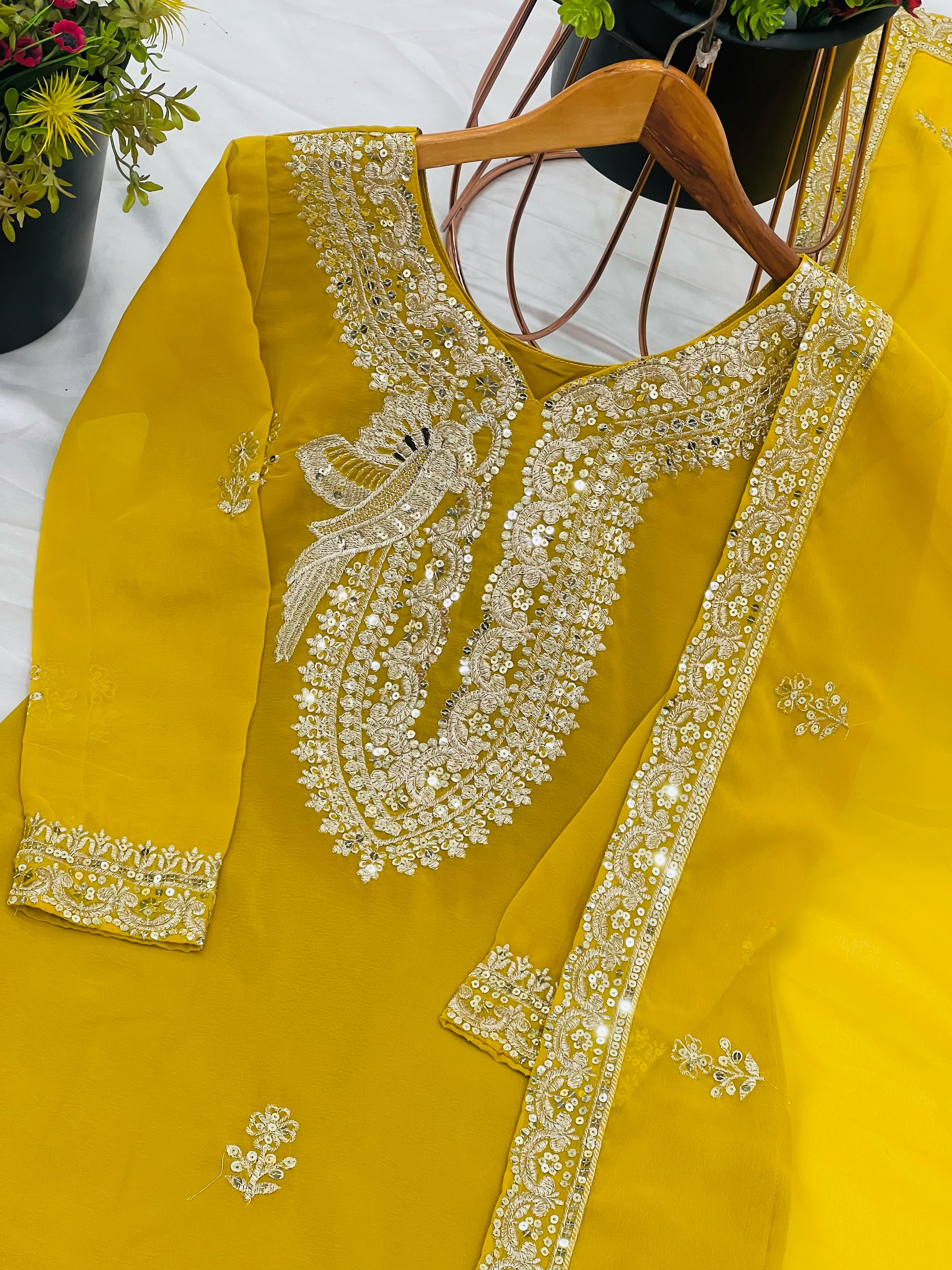 Outstanding Yellow Color Sequence Work Palazzo Suit