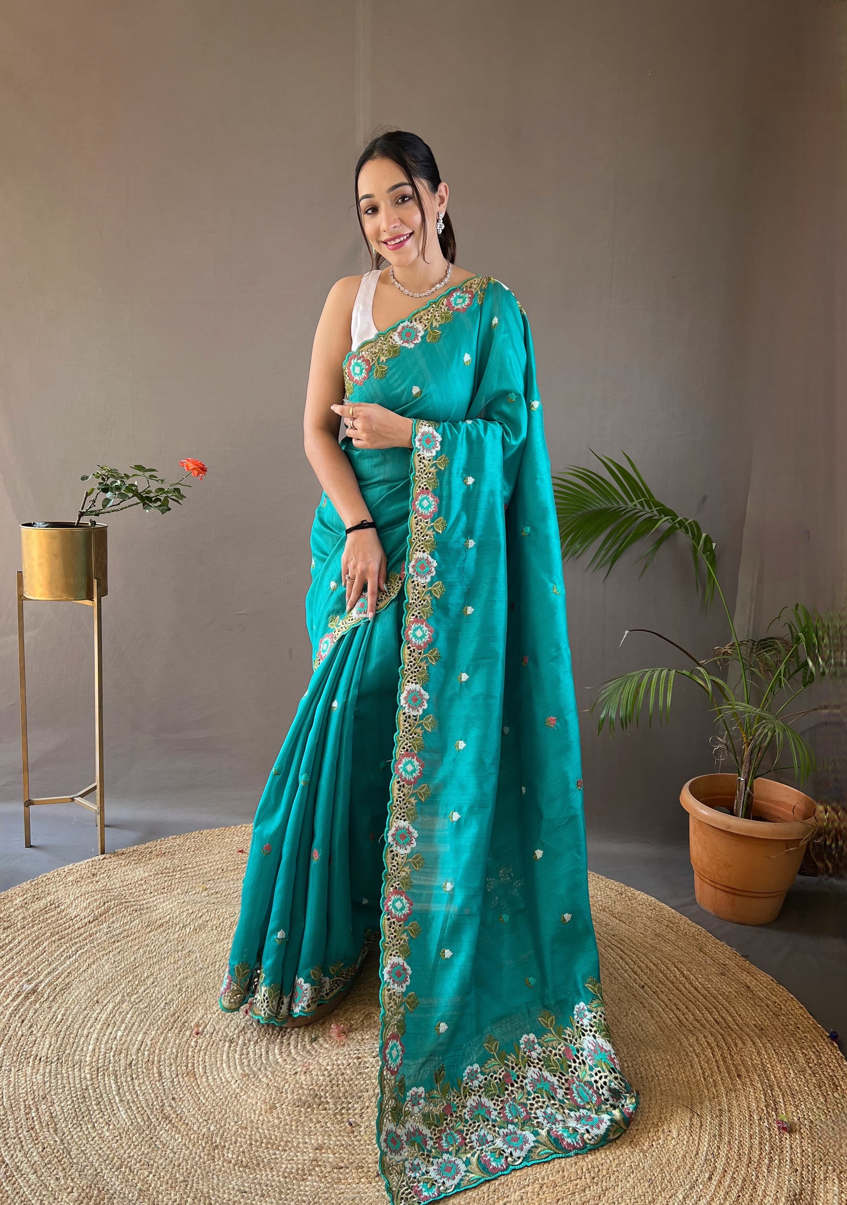 Beautiful Aqua Blue Embroidery Butti With Cut Work Silk Saree