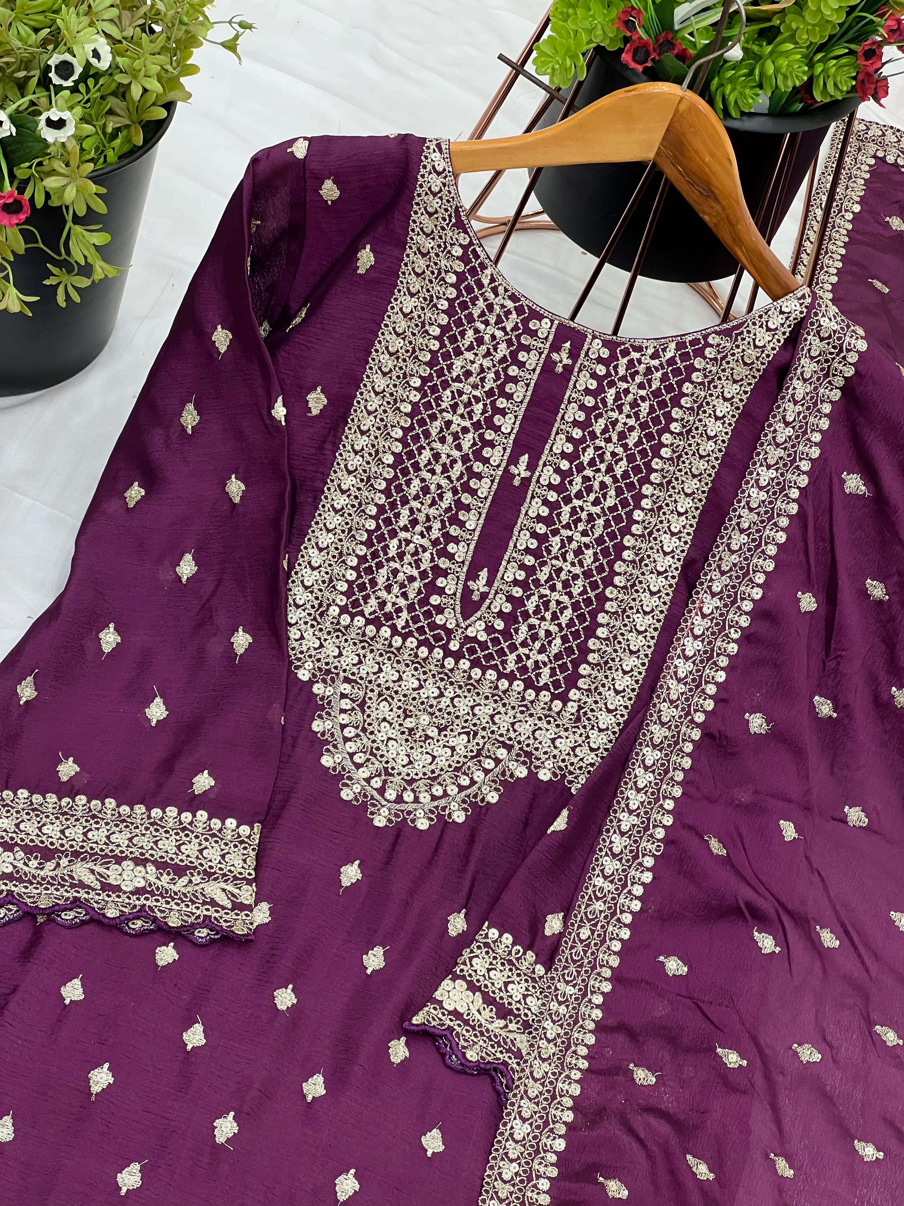 Heavy Embroidery Work Wine Color Sharara Suit