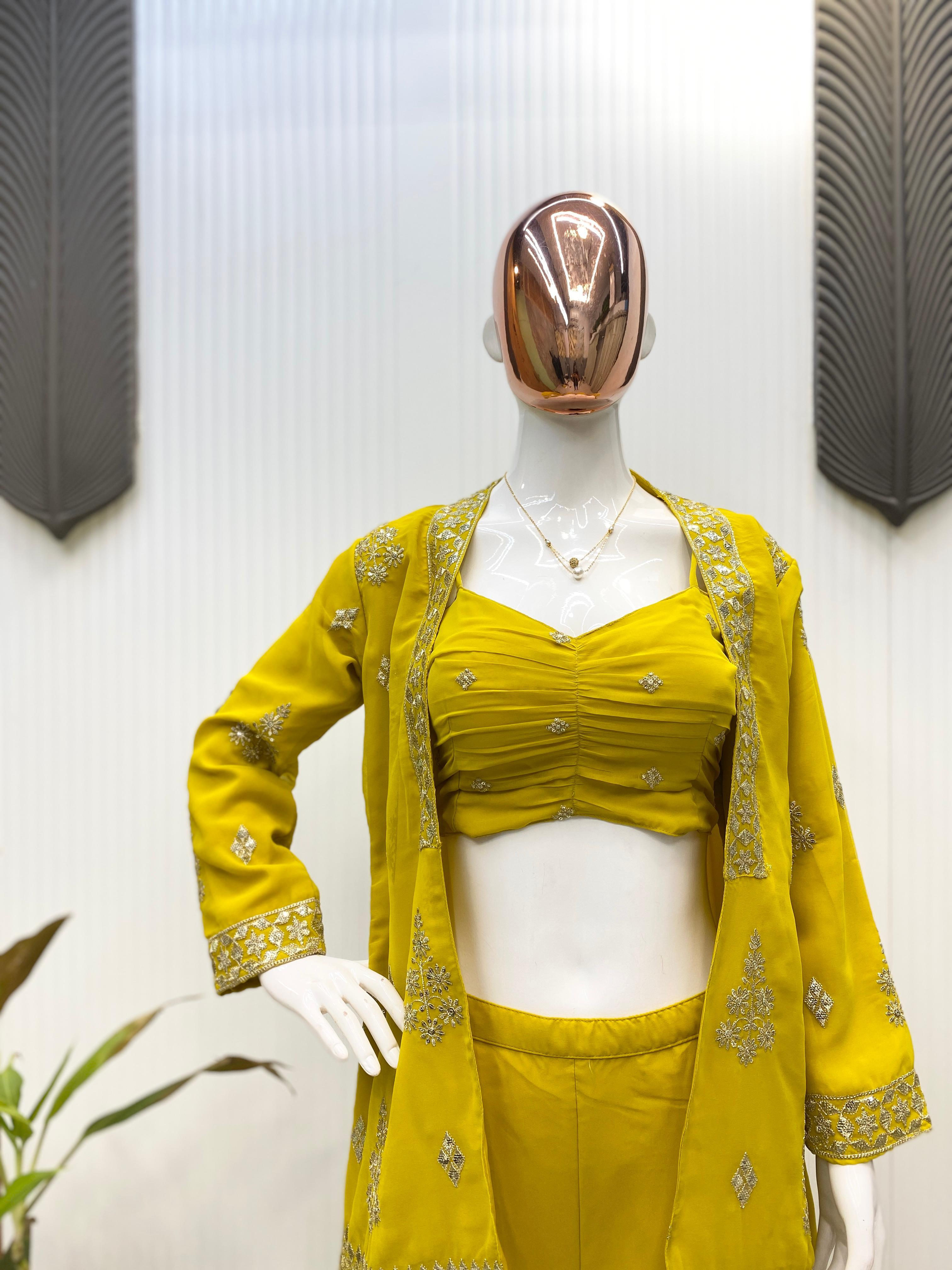 Attractive Georgette Yellow Color Palazzo With Koti