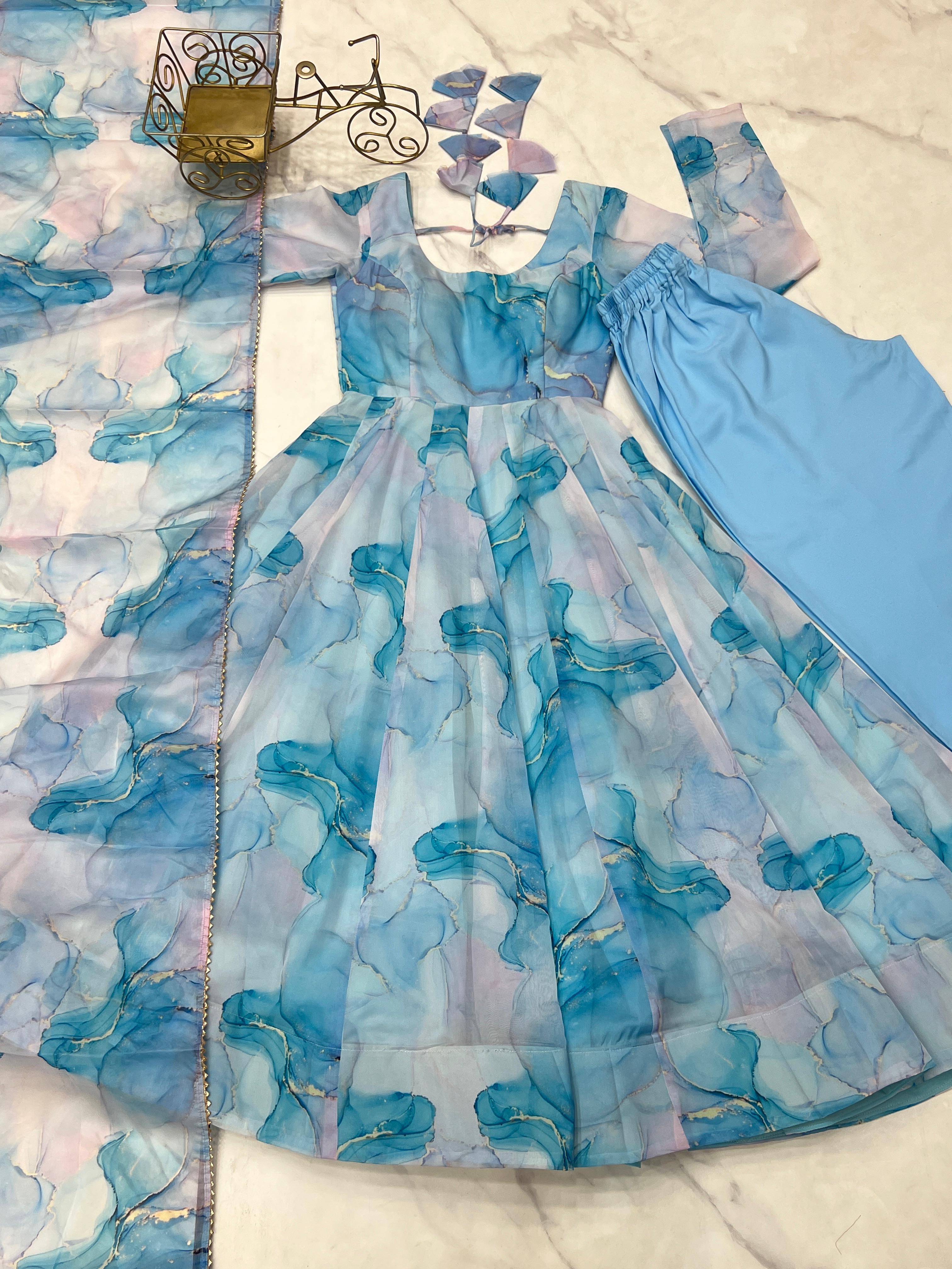 Marble Print Organza Silk Sky Blue Anarkali Suit