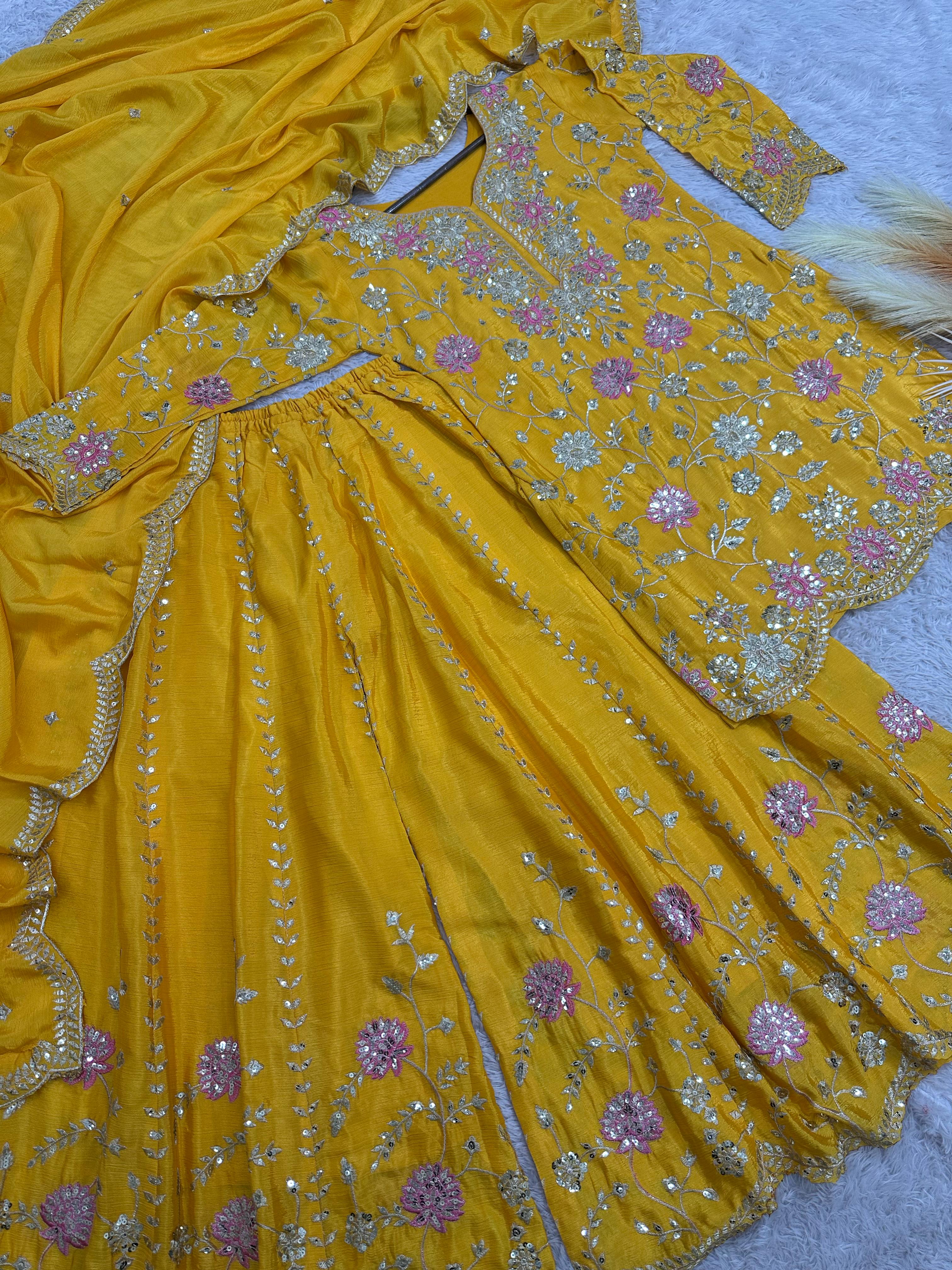 Outstanding Sequence Haldi Wear Yellow Color Sharara Suit