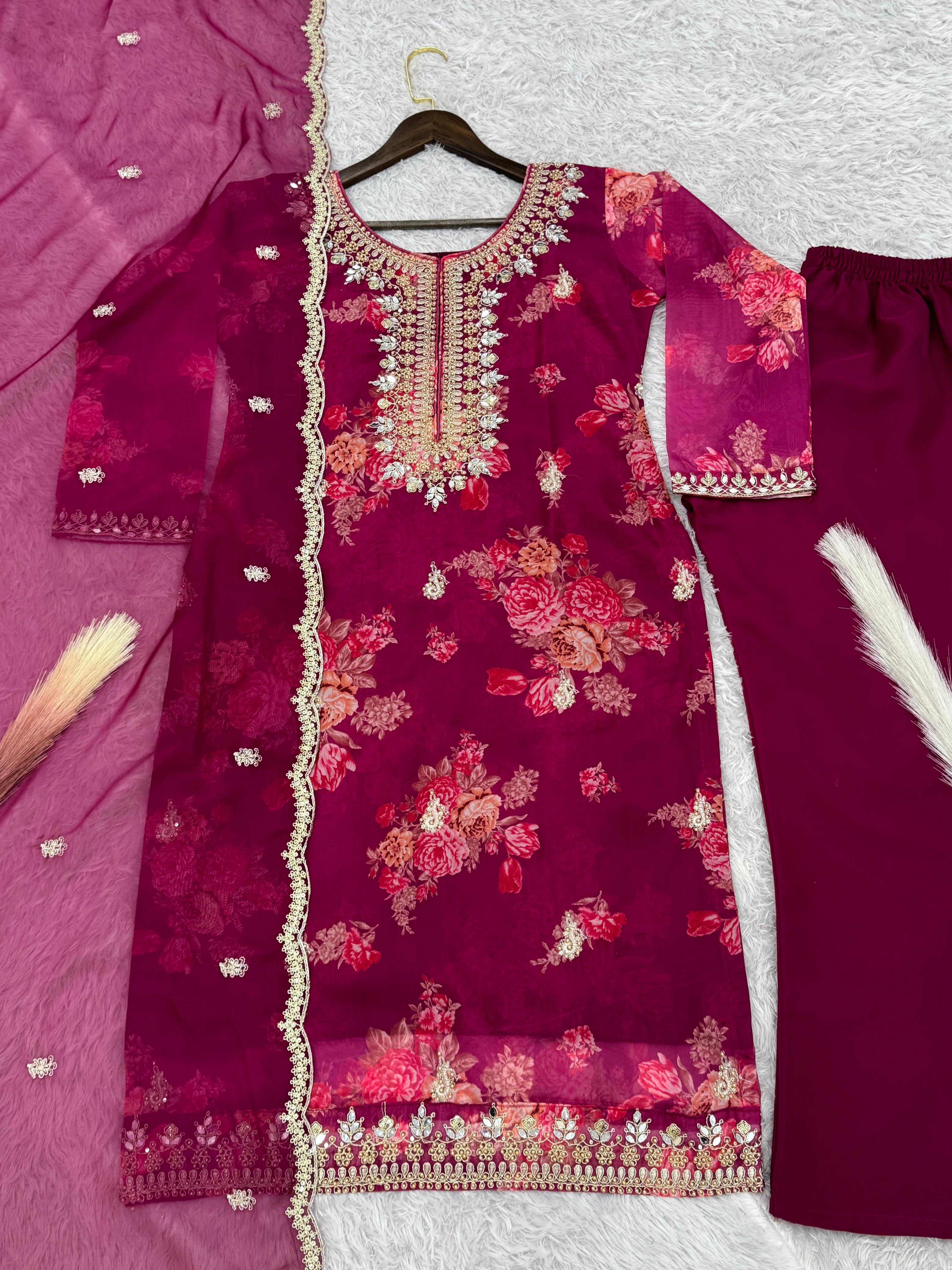 Flattering Sequence Heavy Stone Mirror Hand Work Wine Color Palazzo Suit