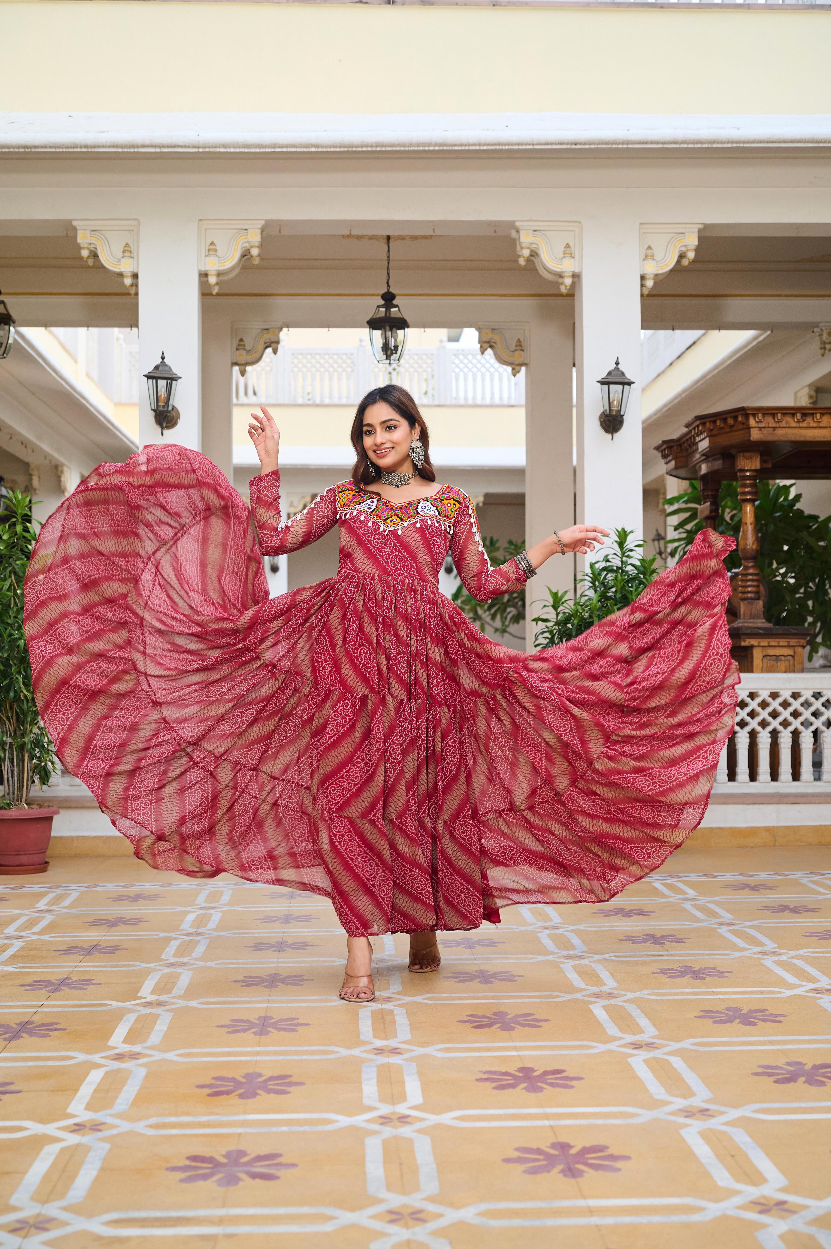 Designer Bandhani Printed Red Color Navratri Gown