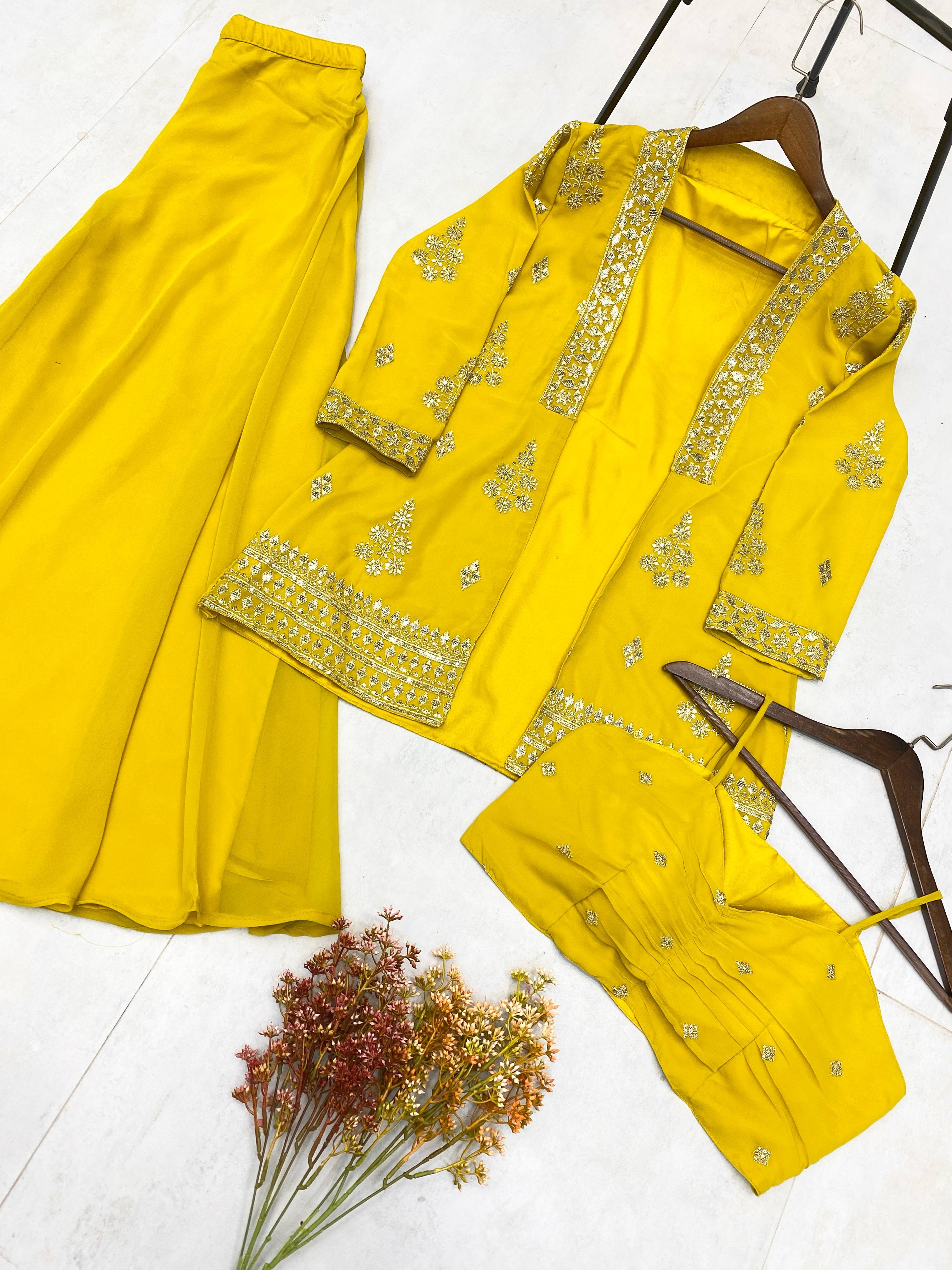 Attractive Georgette Yellow Color Palazzo With Koti