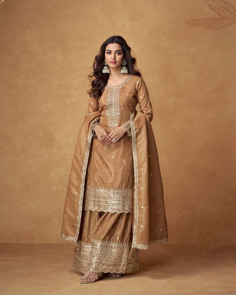 Brown Color Heavy Work Chinon Silk Palazzo Suit