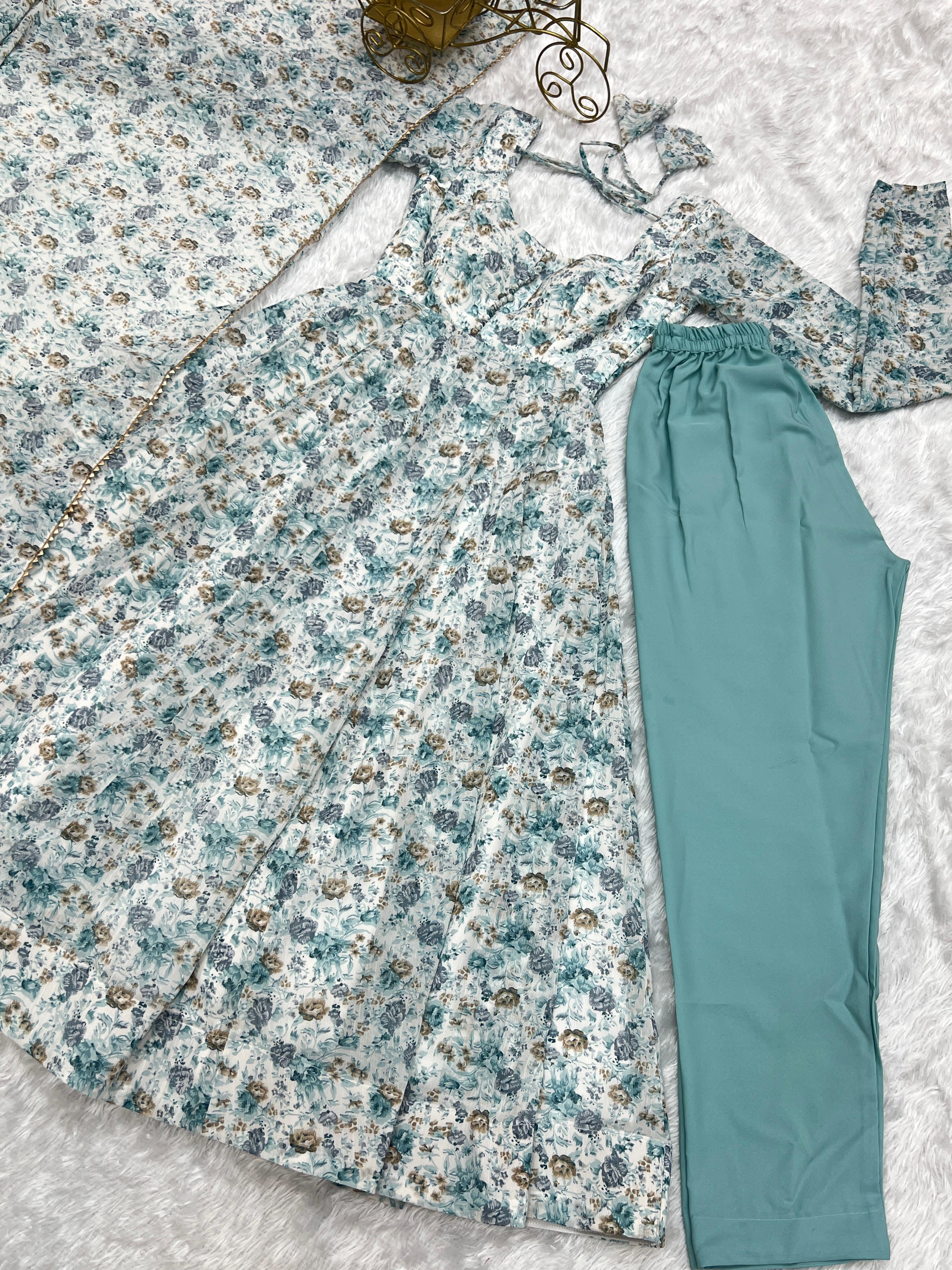 Trendy Orange Flower Print Sky Blue Color Anarkali Suit