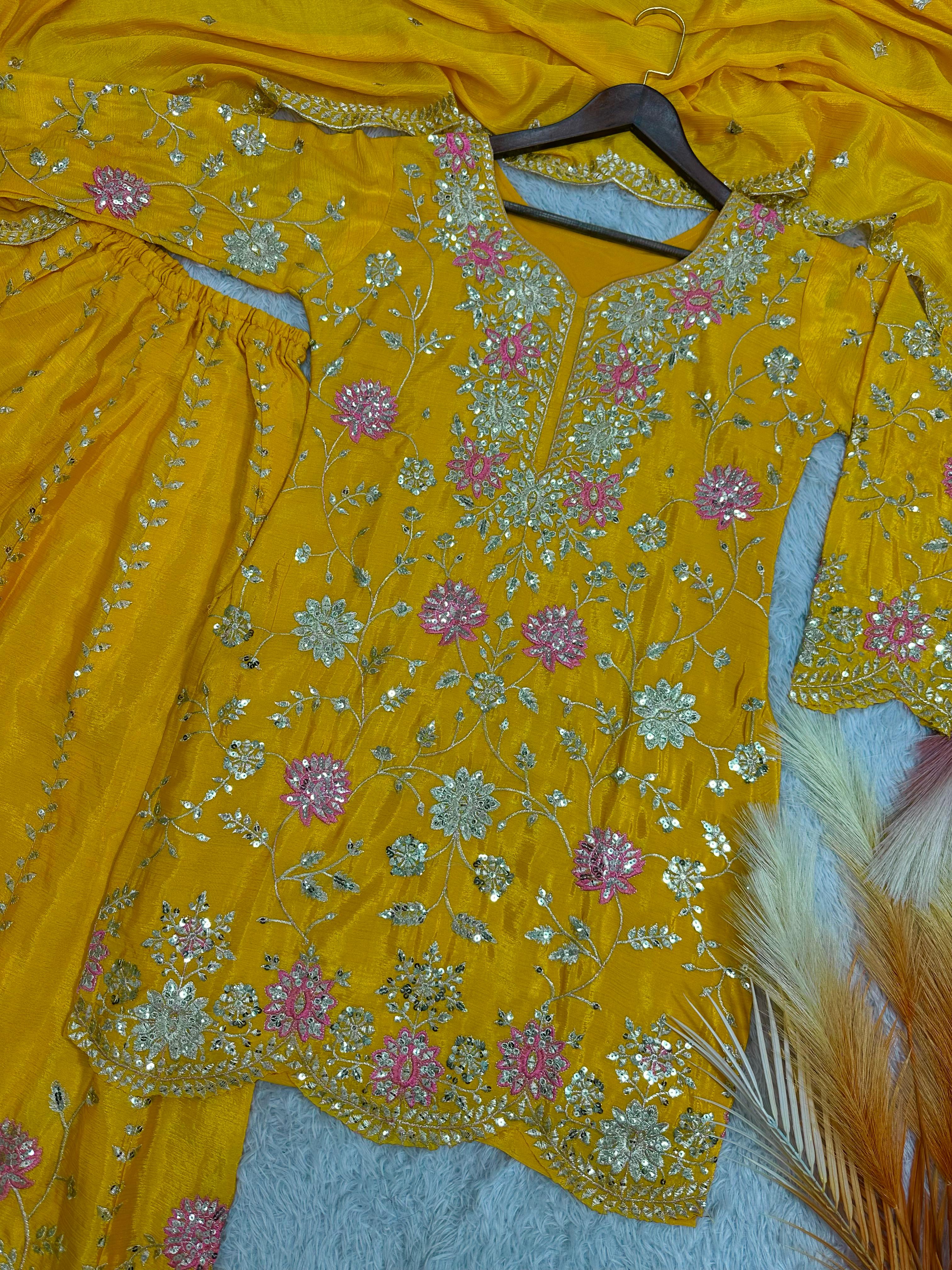 Outstanding Sequence Haldi Wear Yellow Color Sharara Suit