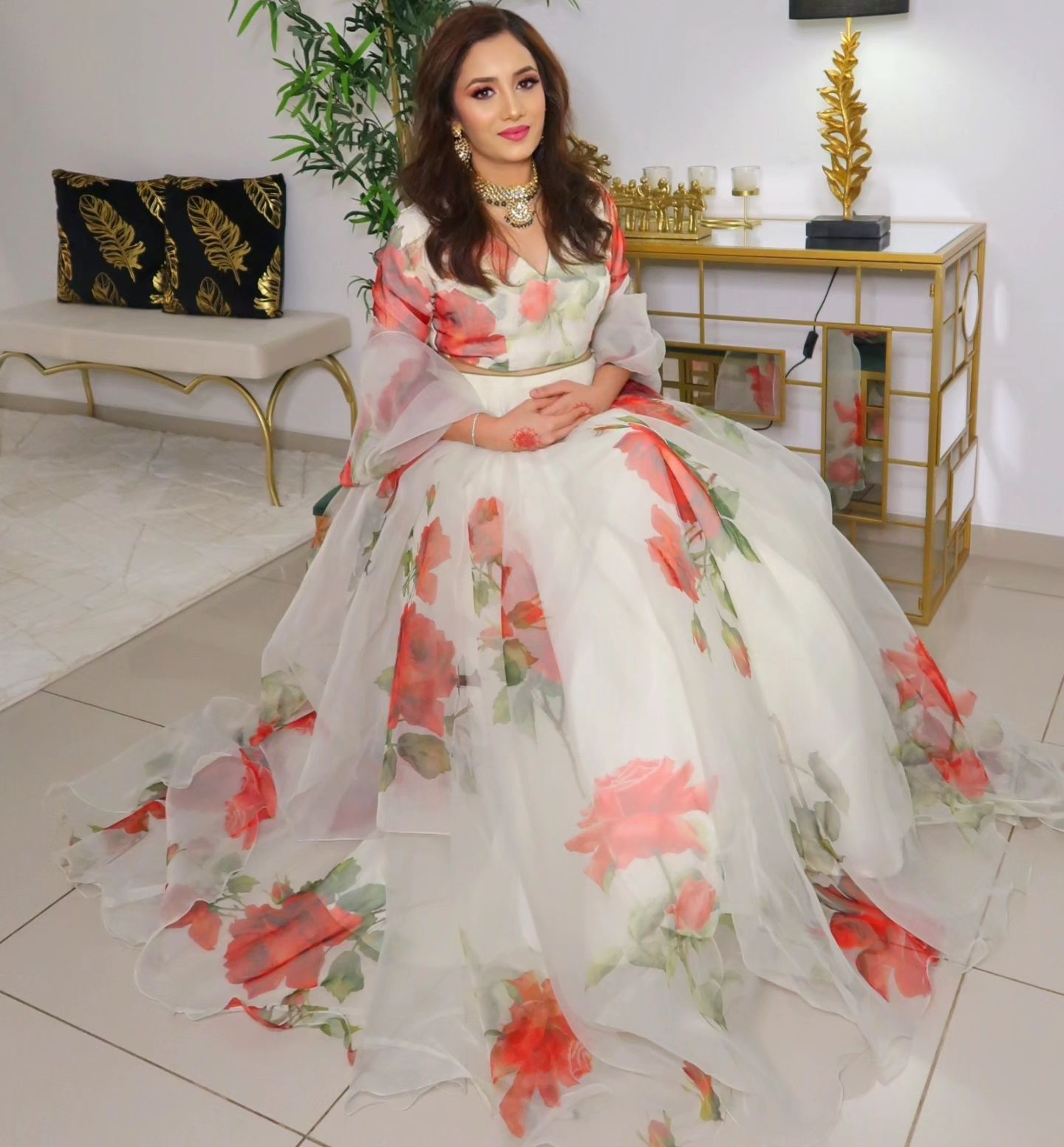 Beautiful White Color Organza Floral Printed Lehenga Choli