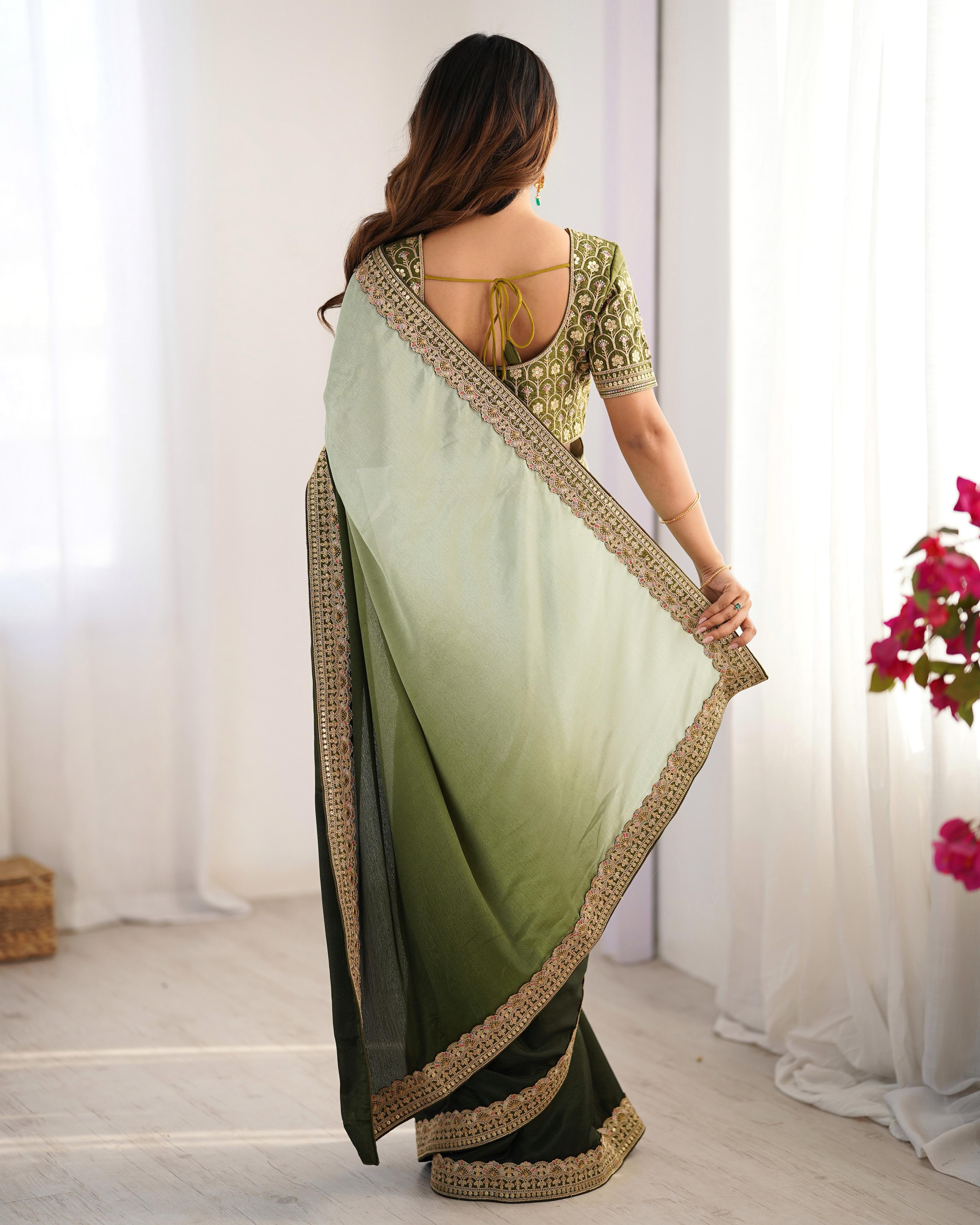 Beautiful Sequence Lace work Mehndi Double Shaded Saree