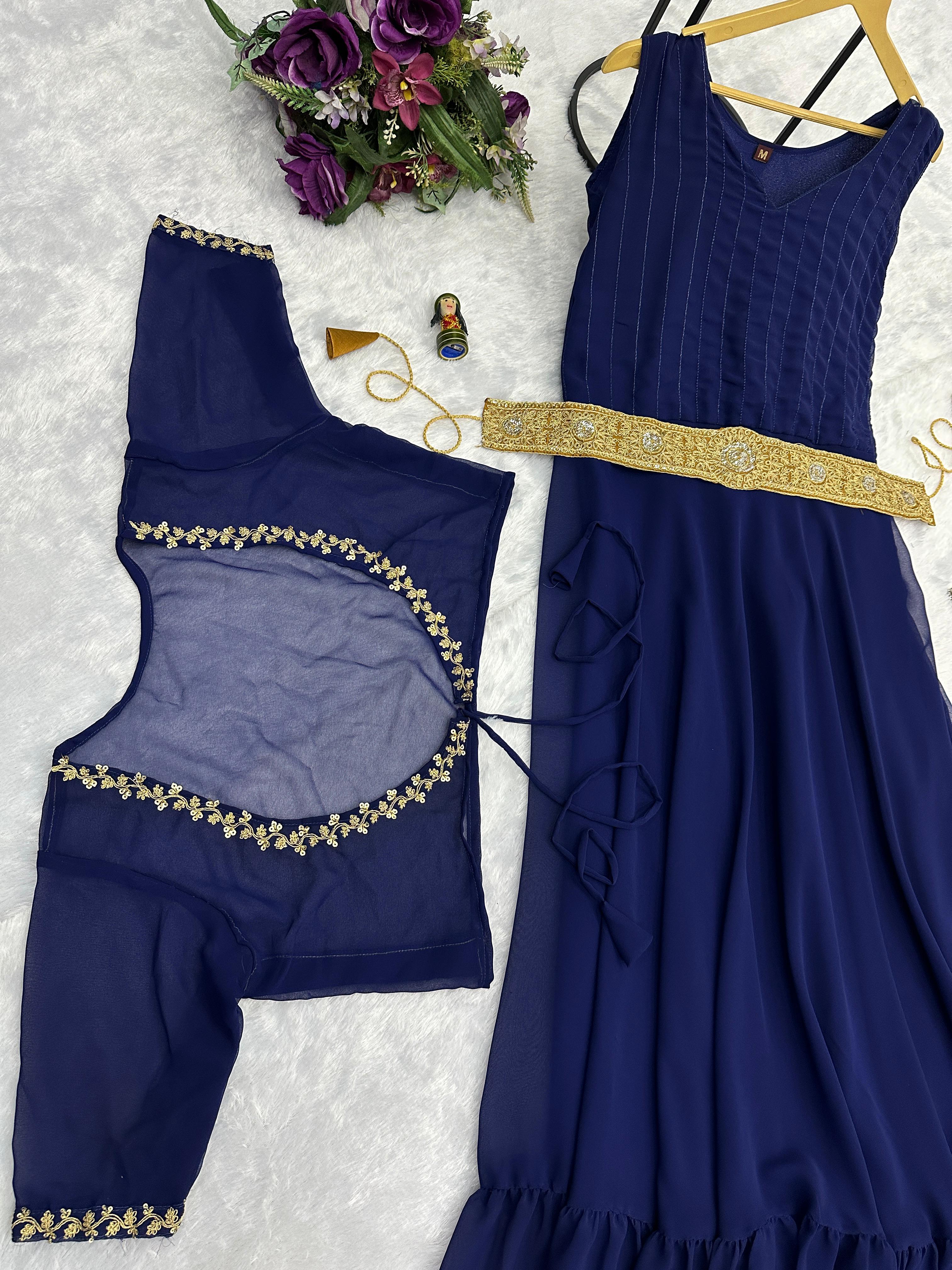 Designer Georgette Navy Blue Color Gown With Koti