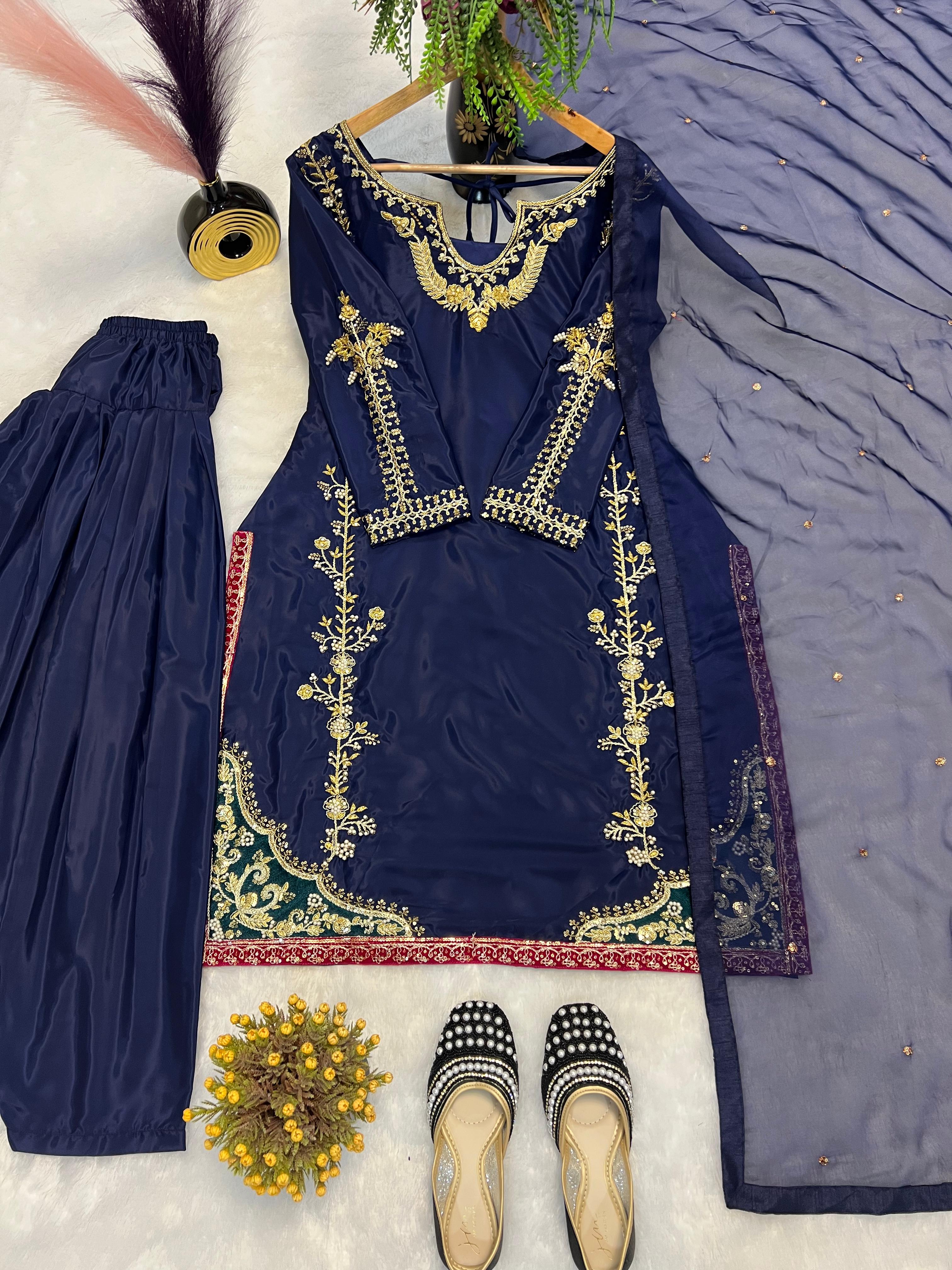 Embroidery Work Navy Blue Color Straight Salwar Suit
