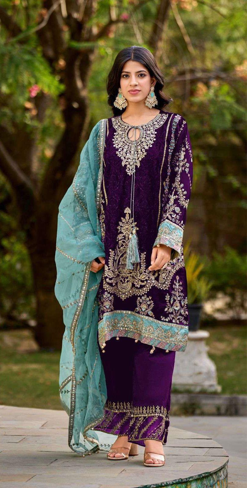 Wonderful Velvet Embroidery Work Purple Color Salwar Suit