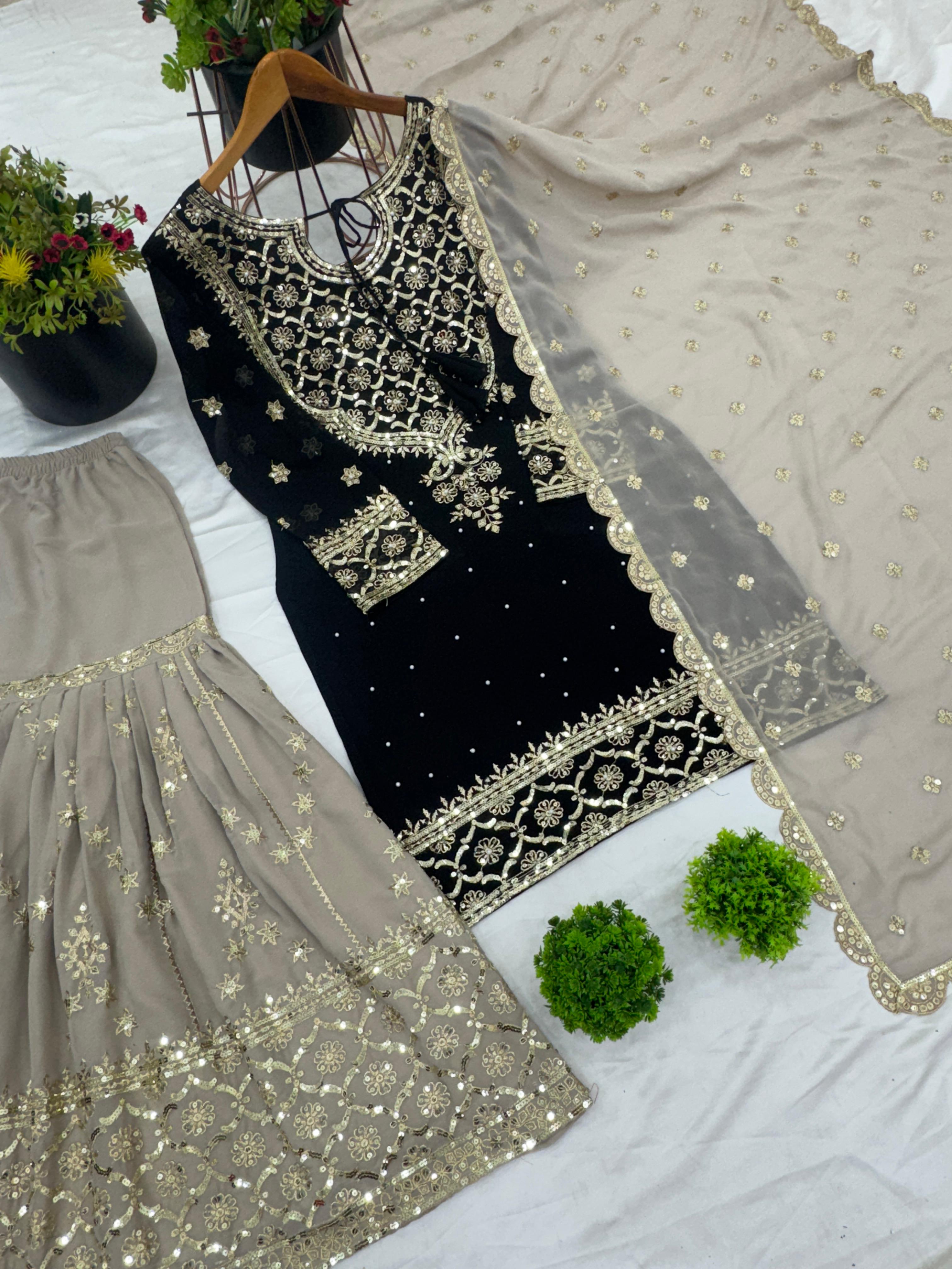 Presenting Embroidery Sequence Work Black Color Sharara Suit