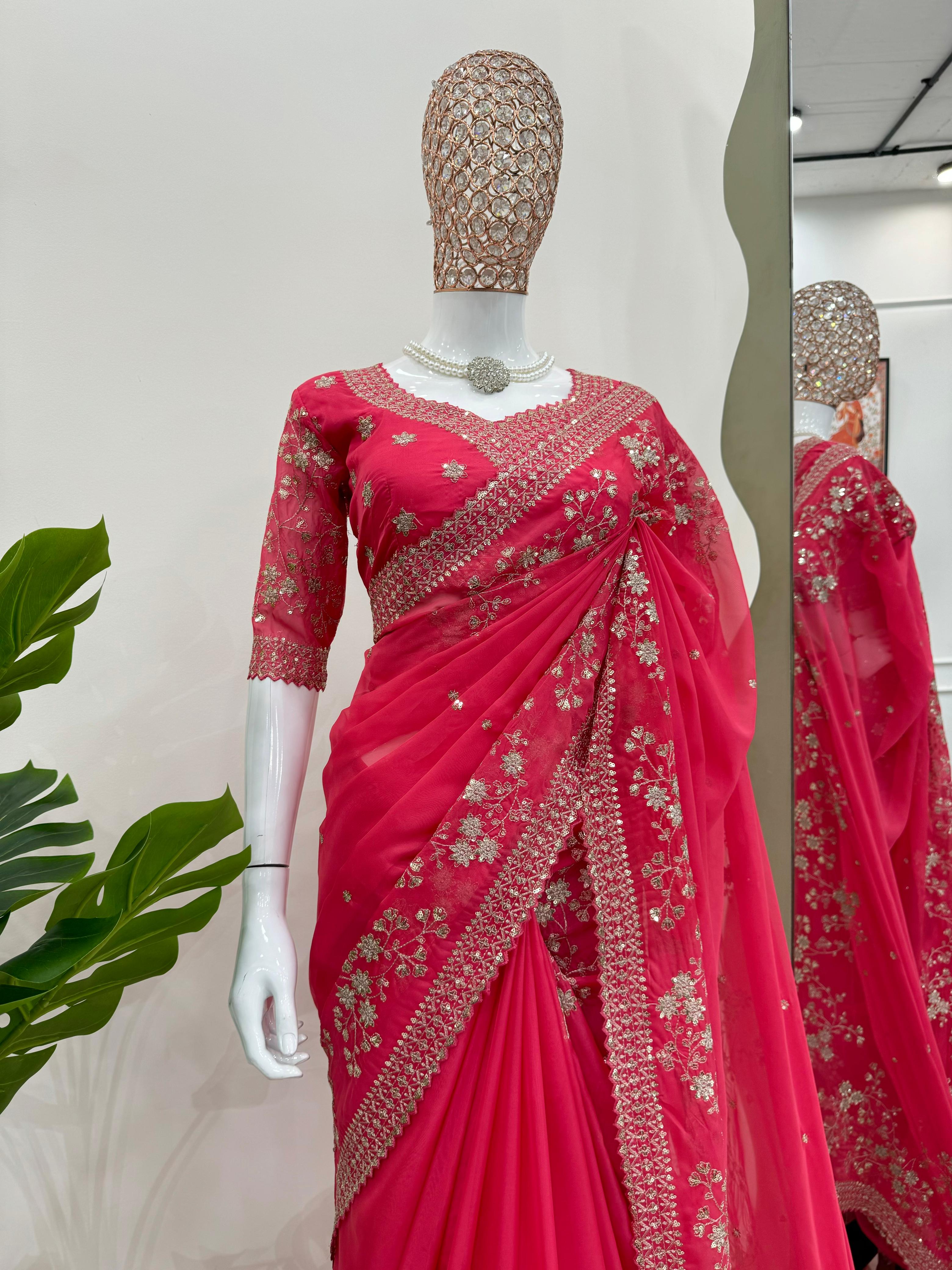 Glimmering Tibby Silk Pink Color Designer Saree