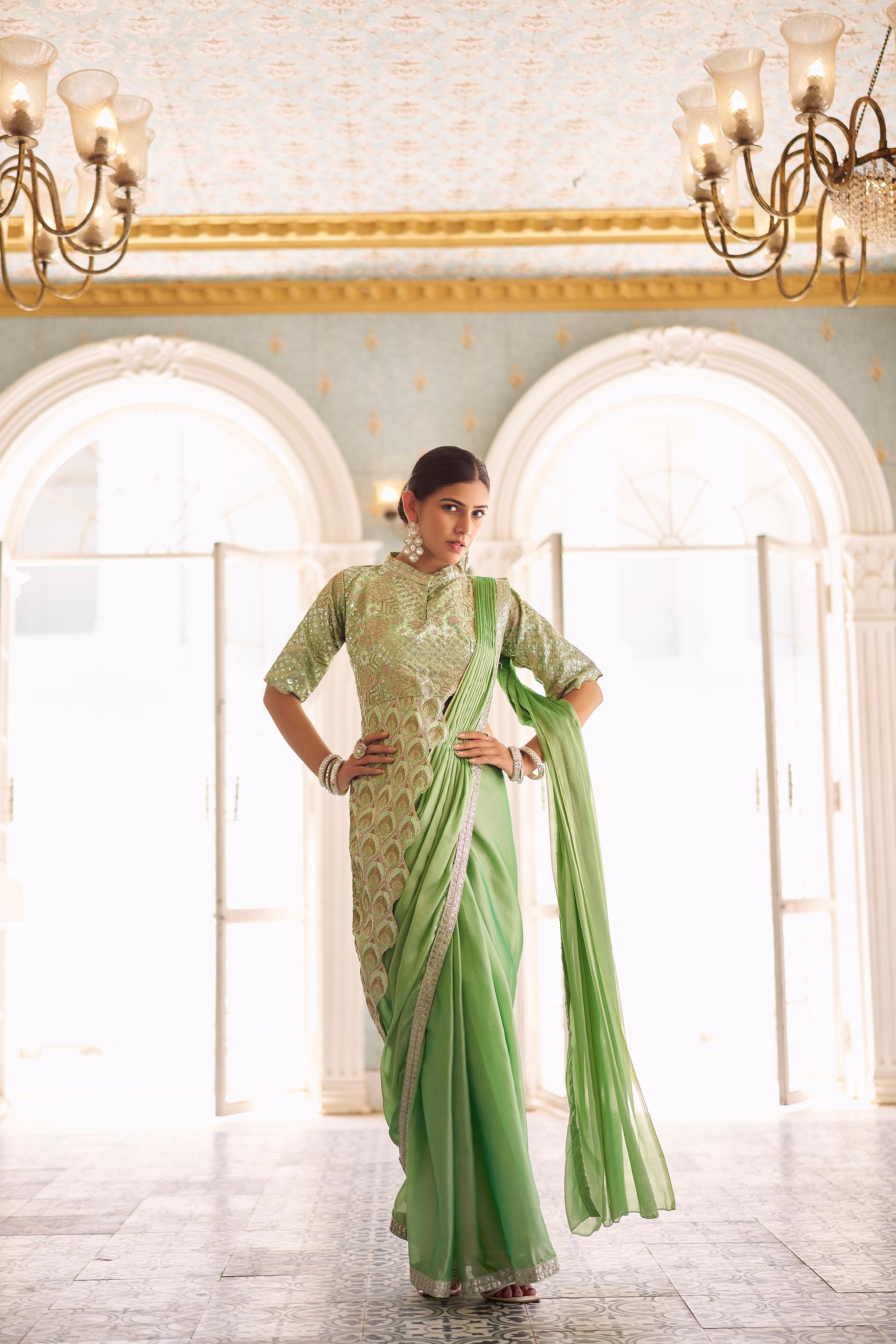 Classy Chinon Embroidery Work Pista Color Ready To Wear Saree