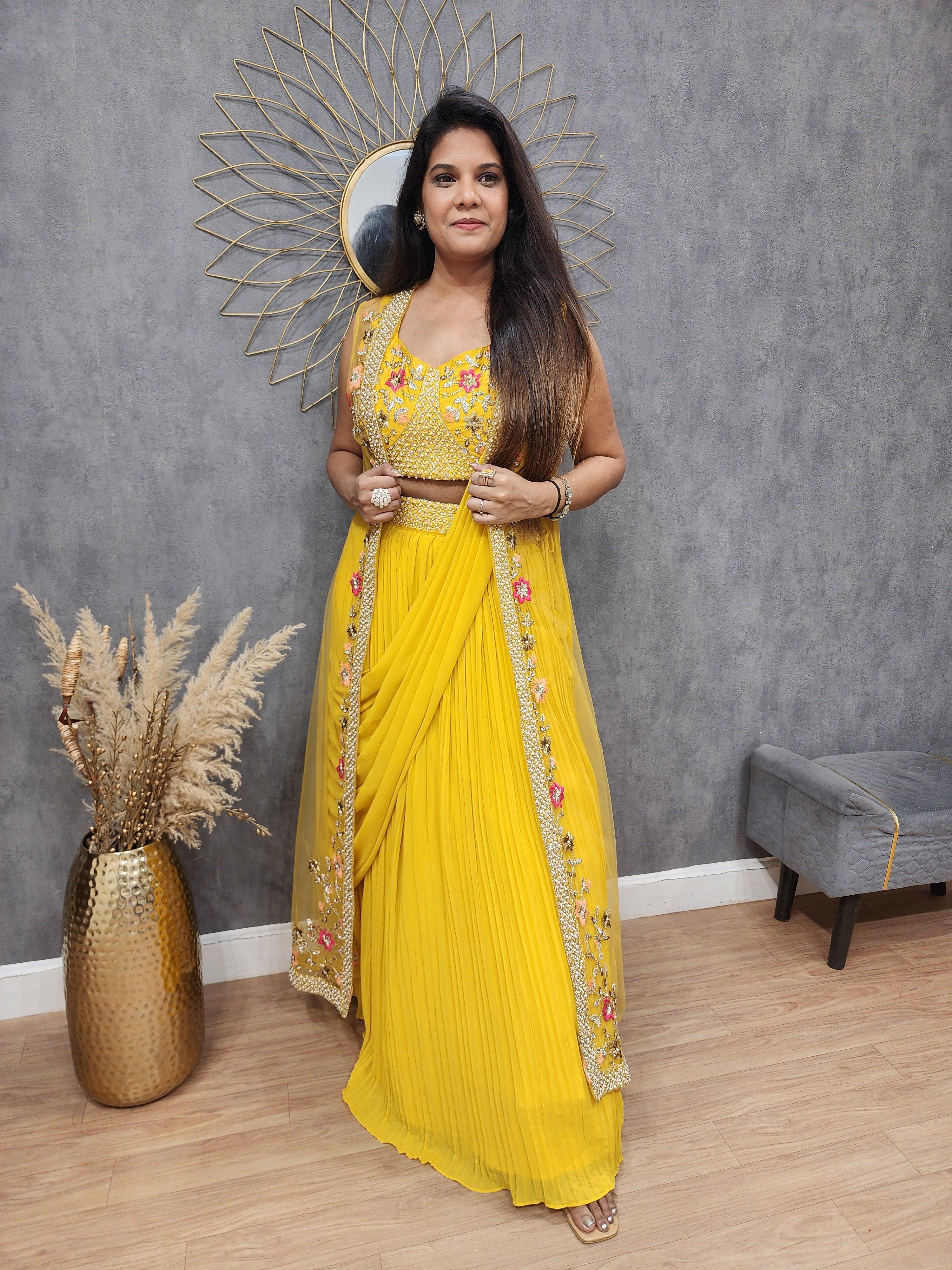 Function Wear Georgette Yellow Color Lehenga Saree With Koti
