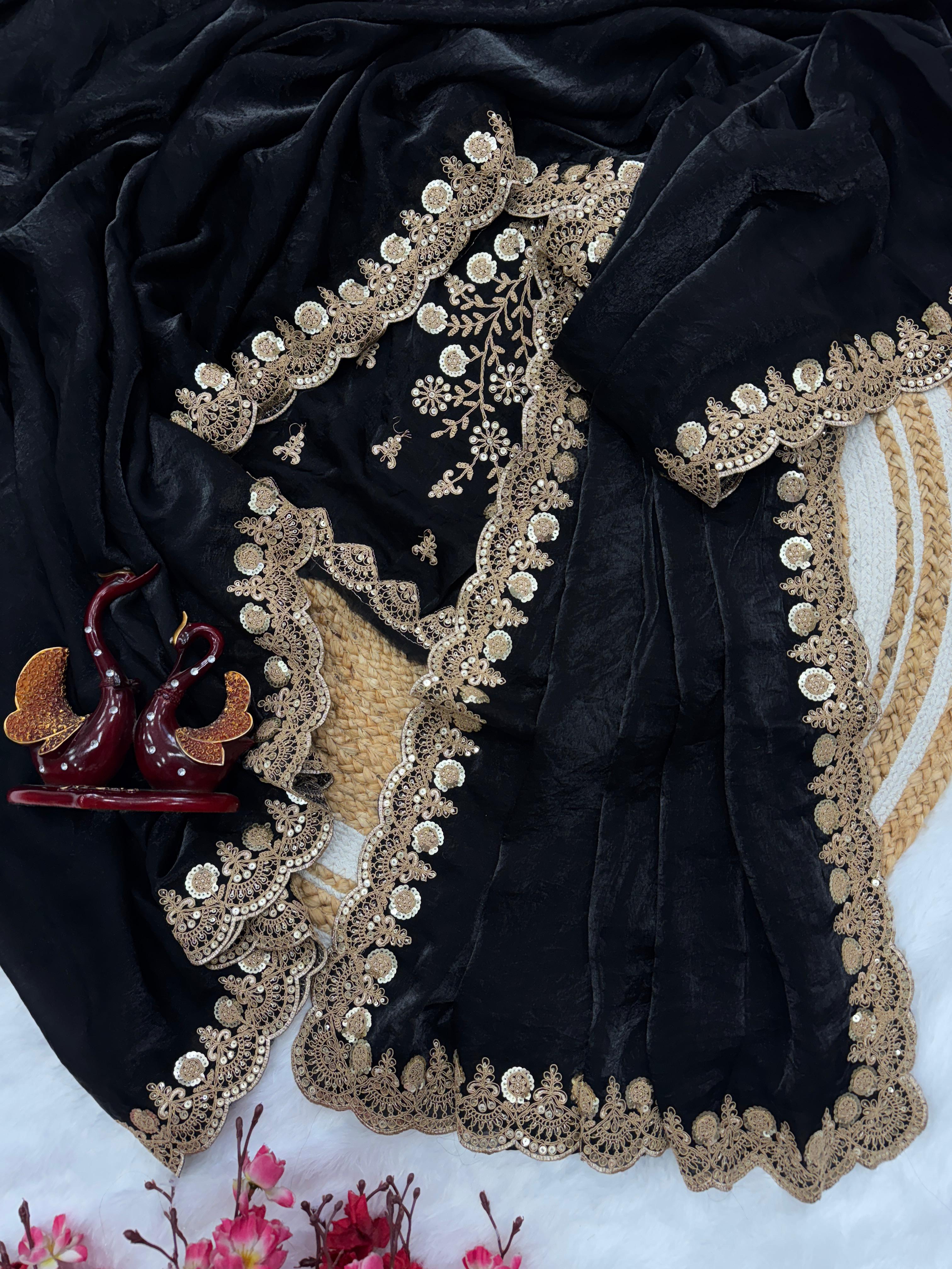 Black Color Sequence Work Silk Saree