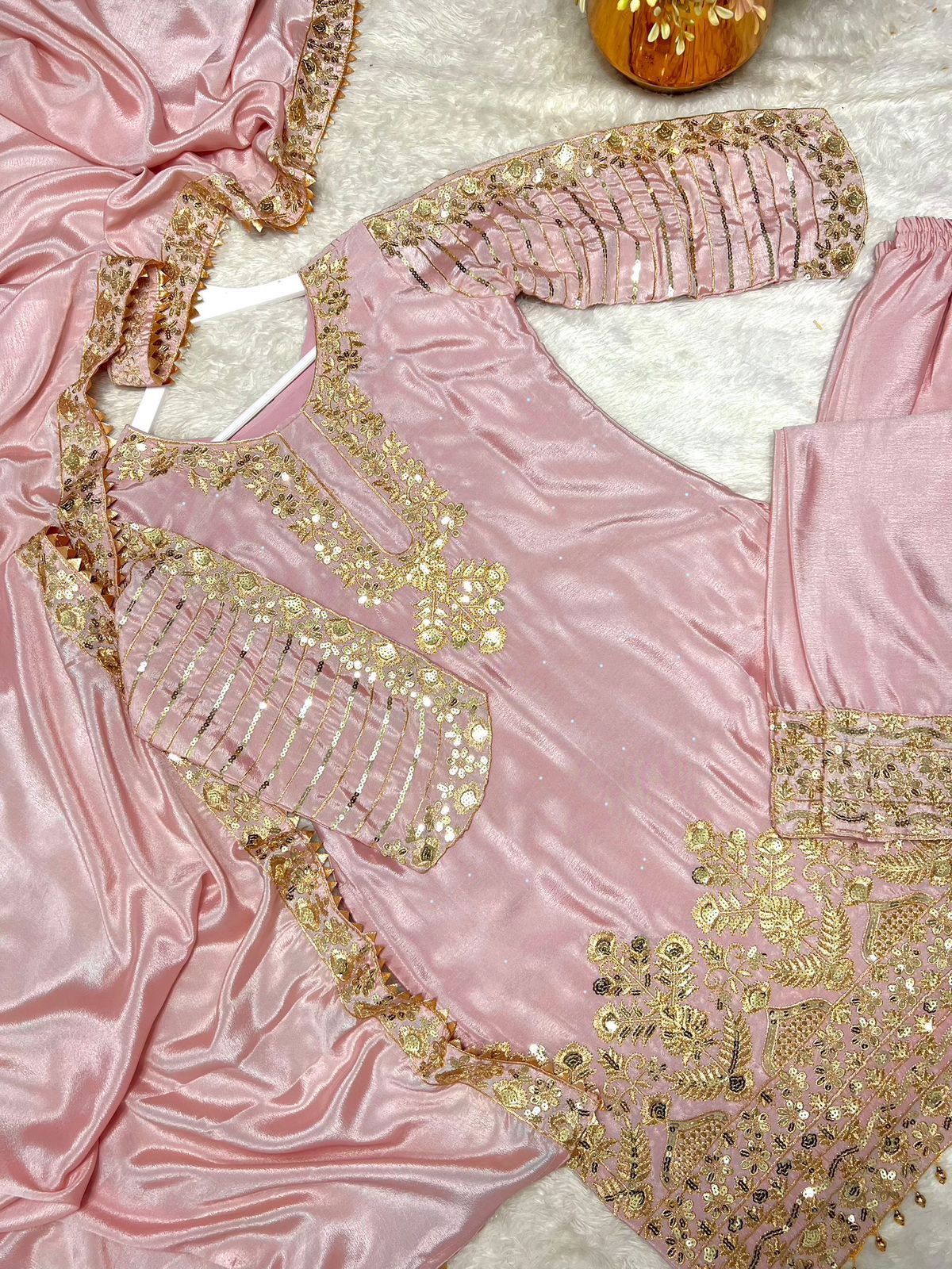 Ravishing Pink Chinon Silk Sequence Work Palazzo Suit