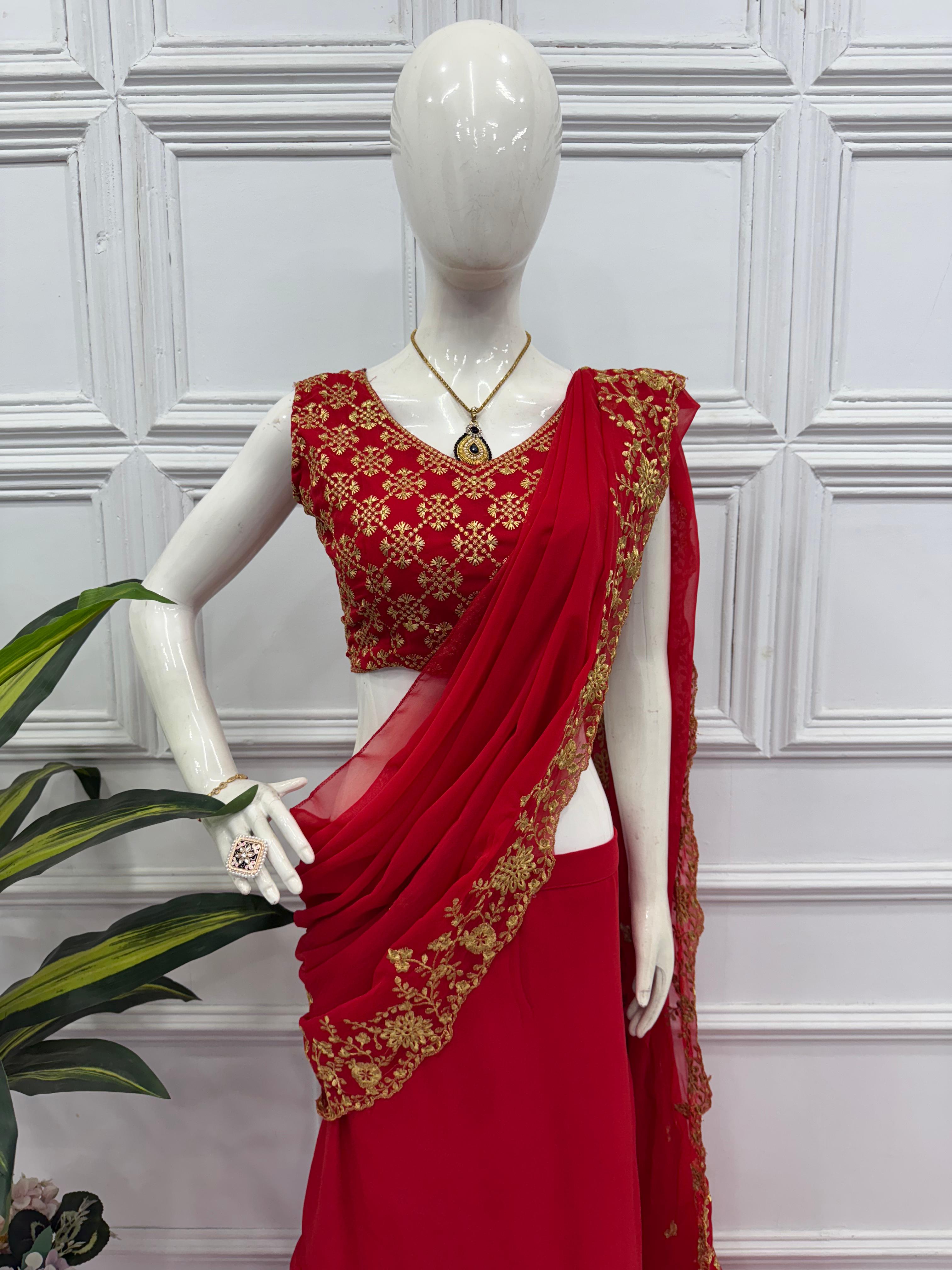 Marriage Special Faux Georgette Red Color Lehenga Saree