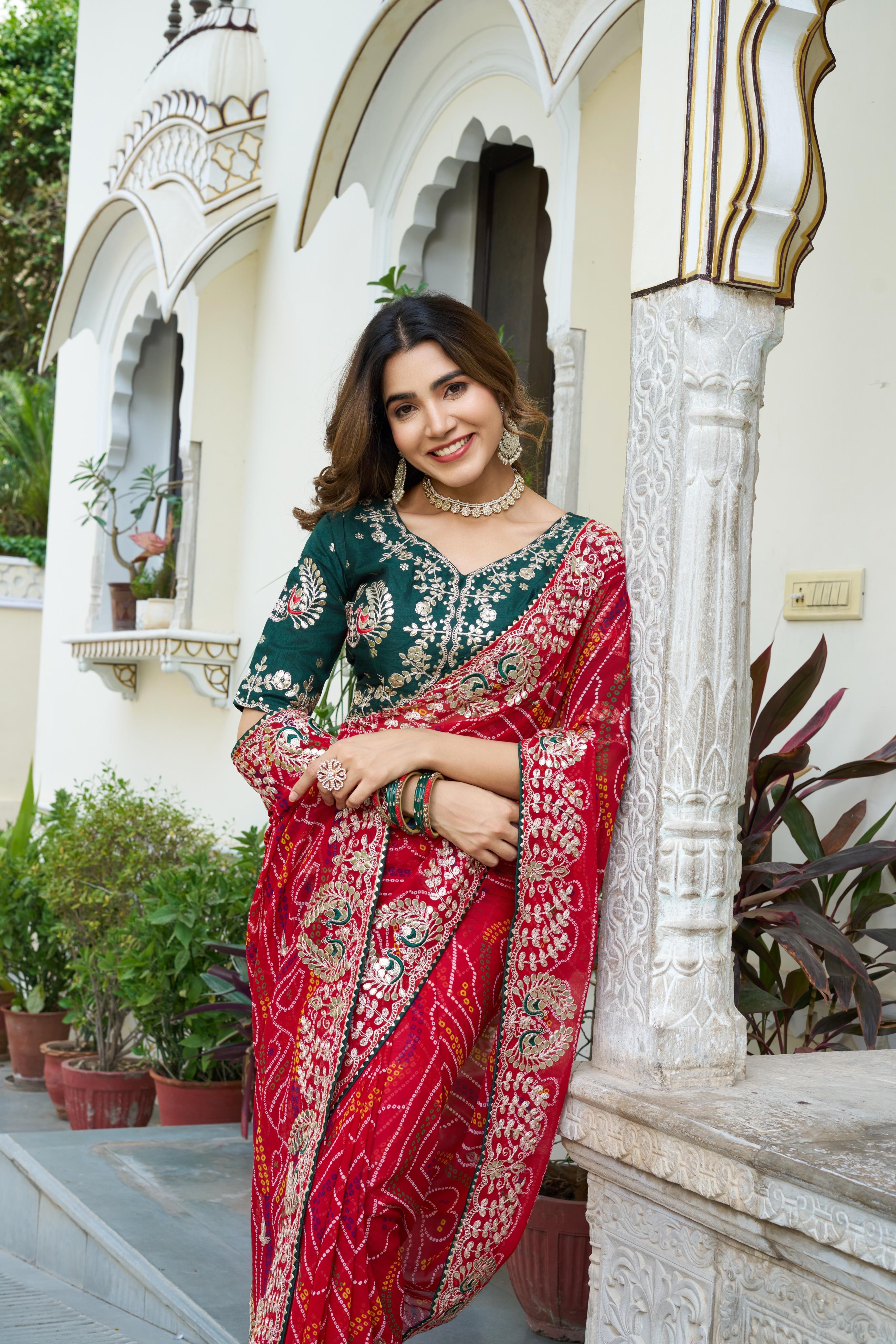 Red Color Bandhani Printed Occasion Wear Saree