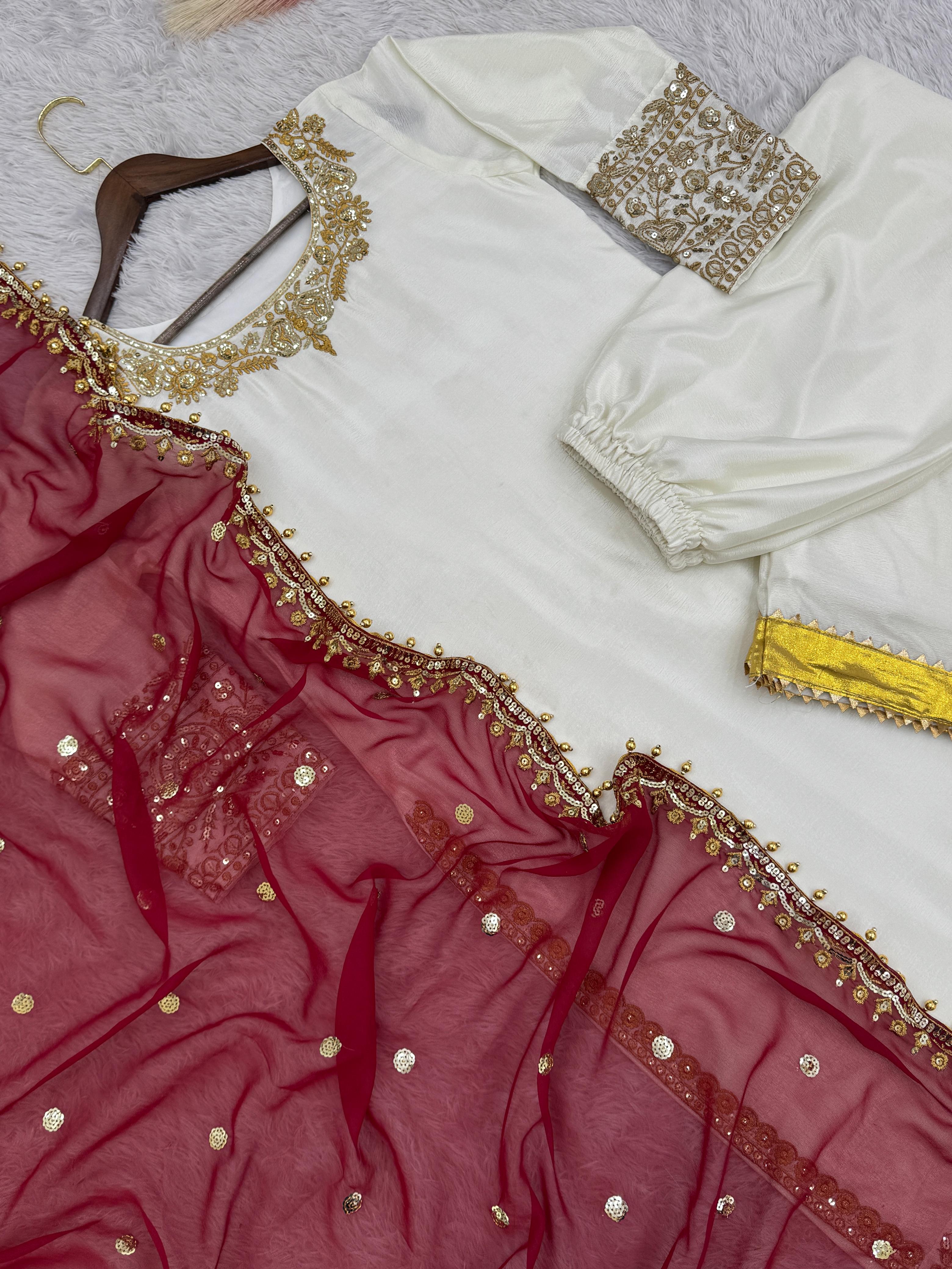 Good Looking Sequin Work White Color Top Palazzo With Dupatta