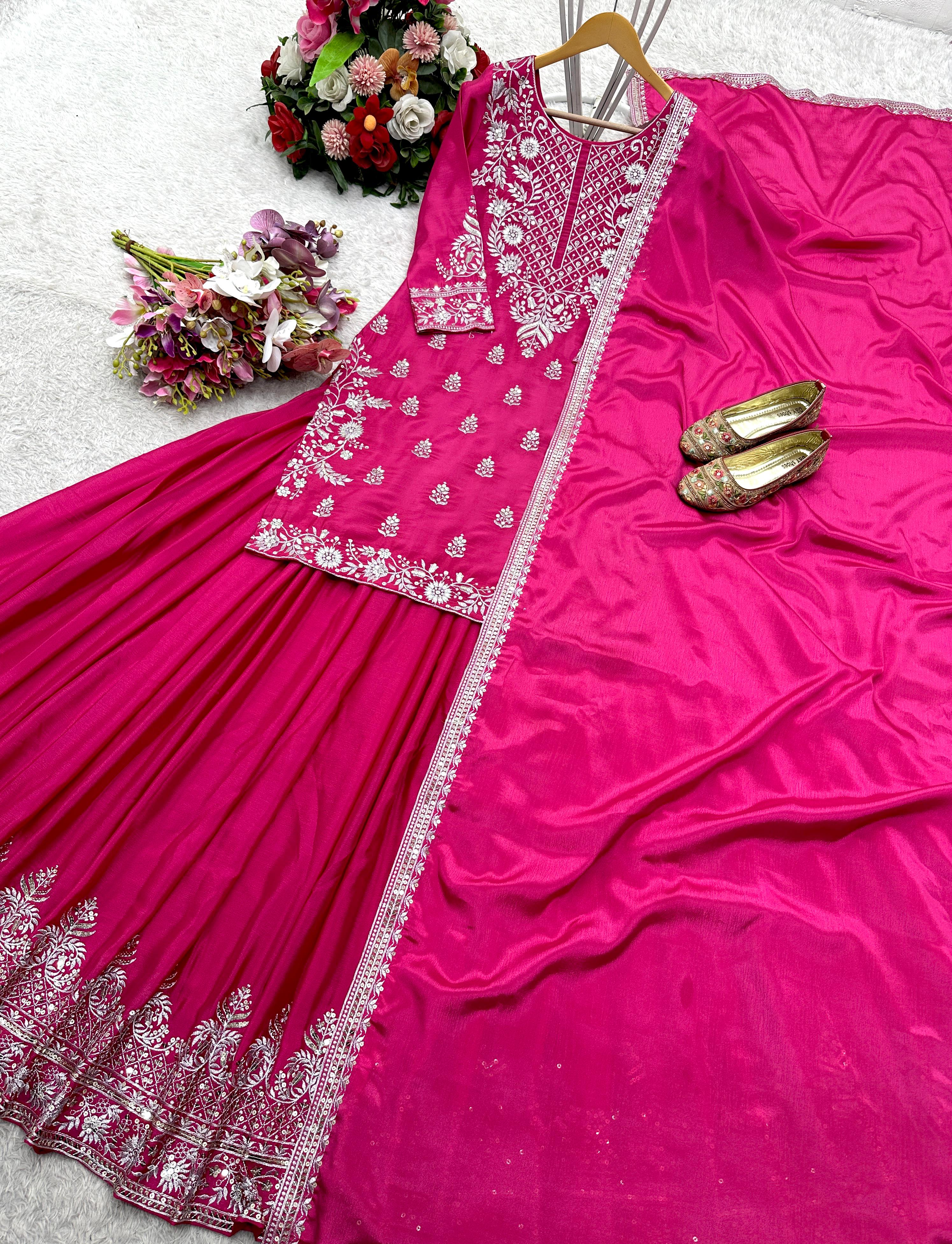 Amazing Embroidery Work Pink Color Top With Lehenga Choli