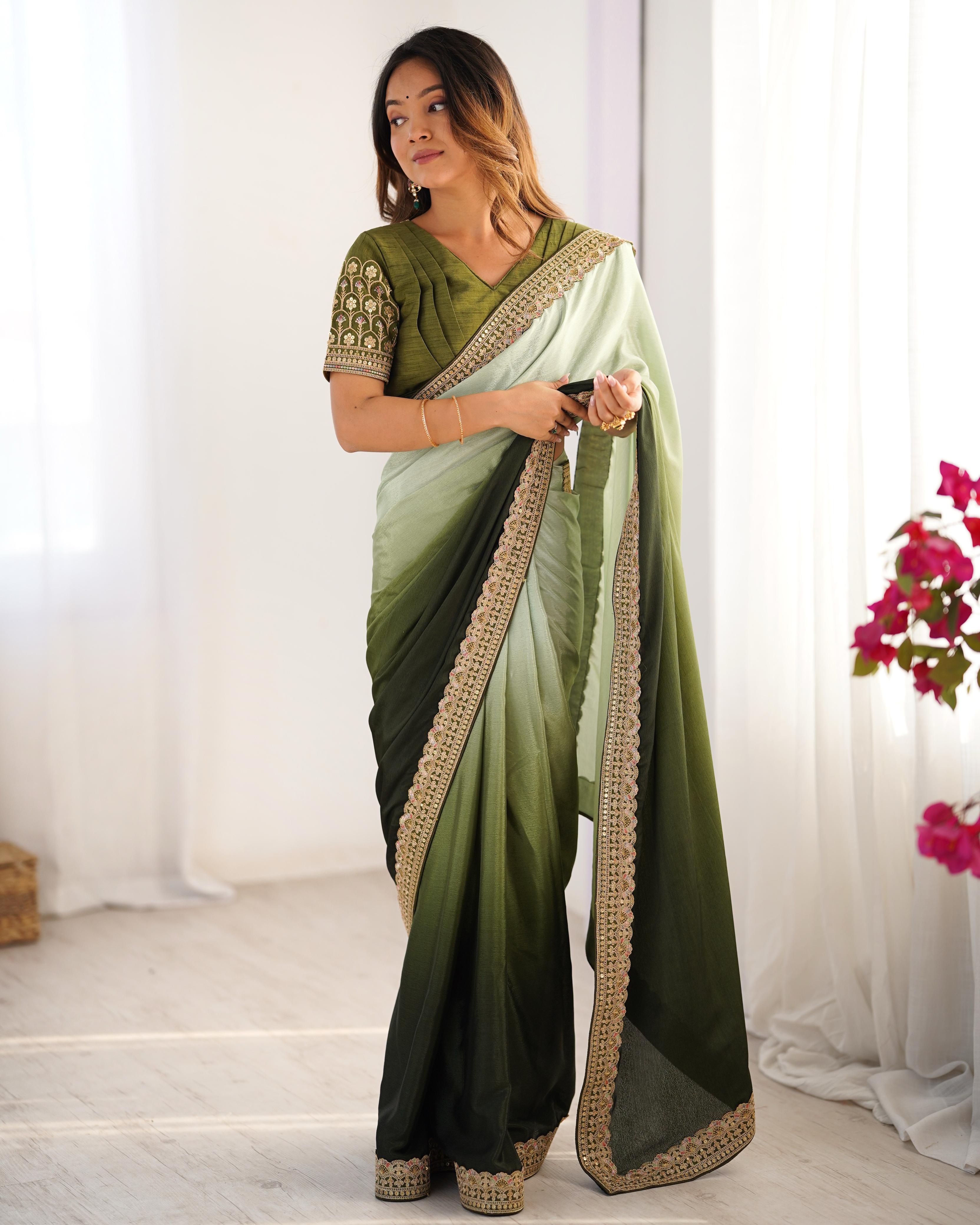 Beautiful Sequence Lace work Mehndi Double Shaded Saree