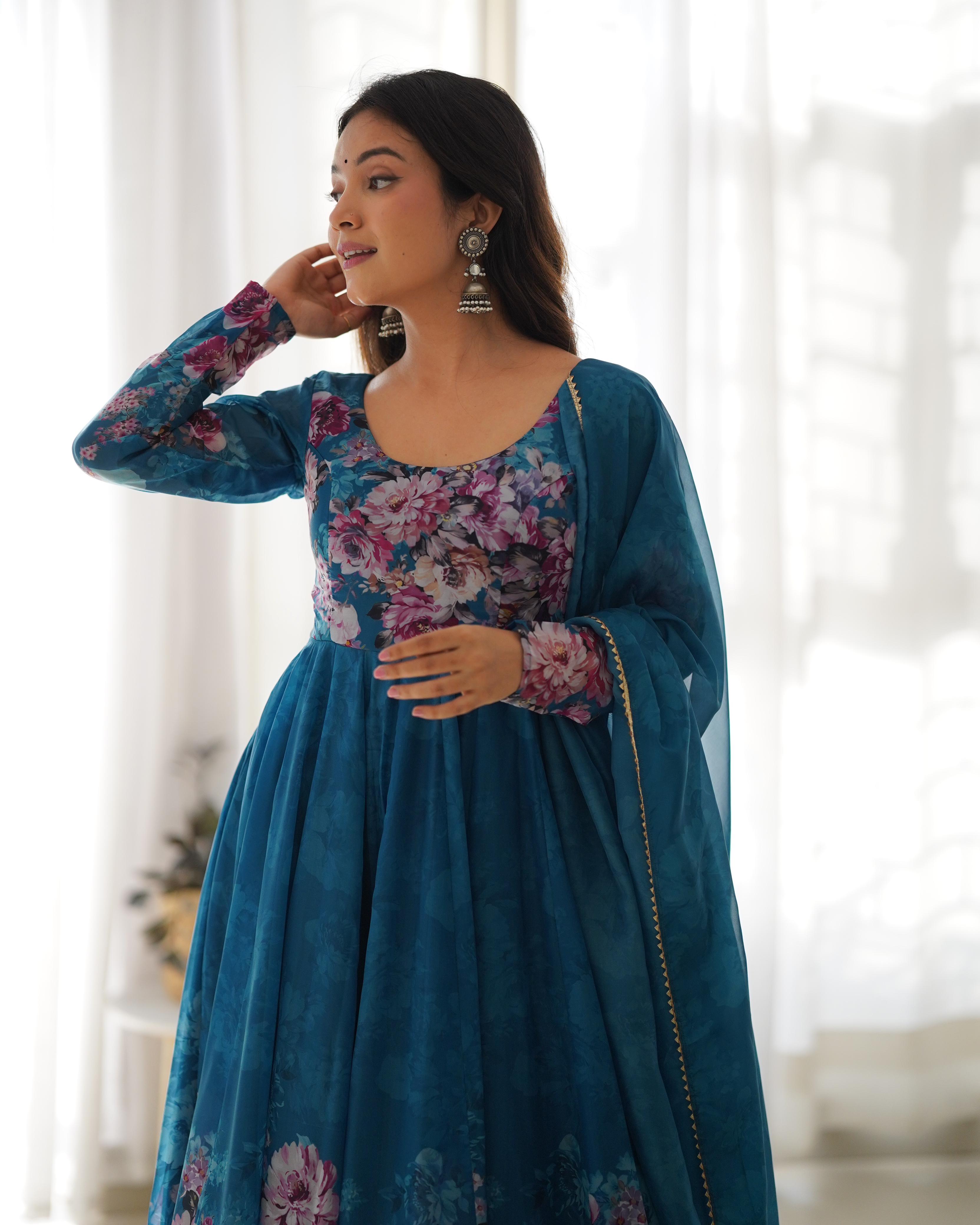 Casual Wear Multi Flower Print Blue Color Anarkali Suit