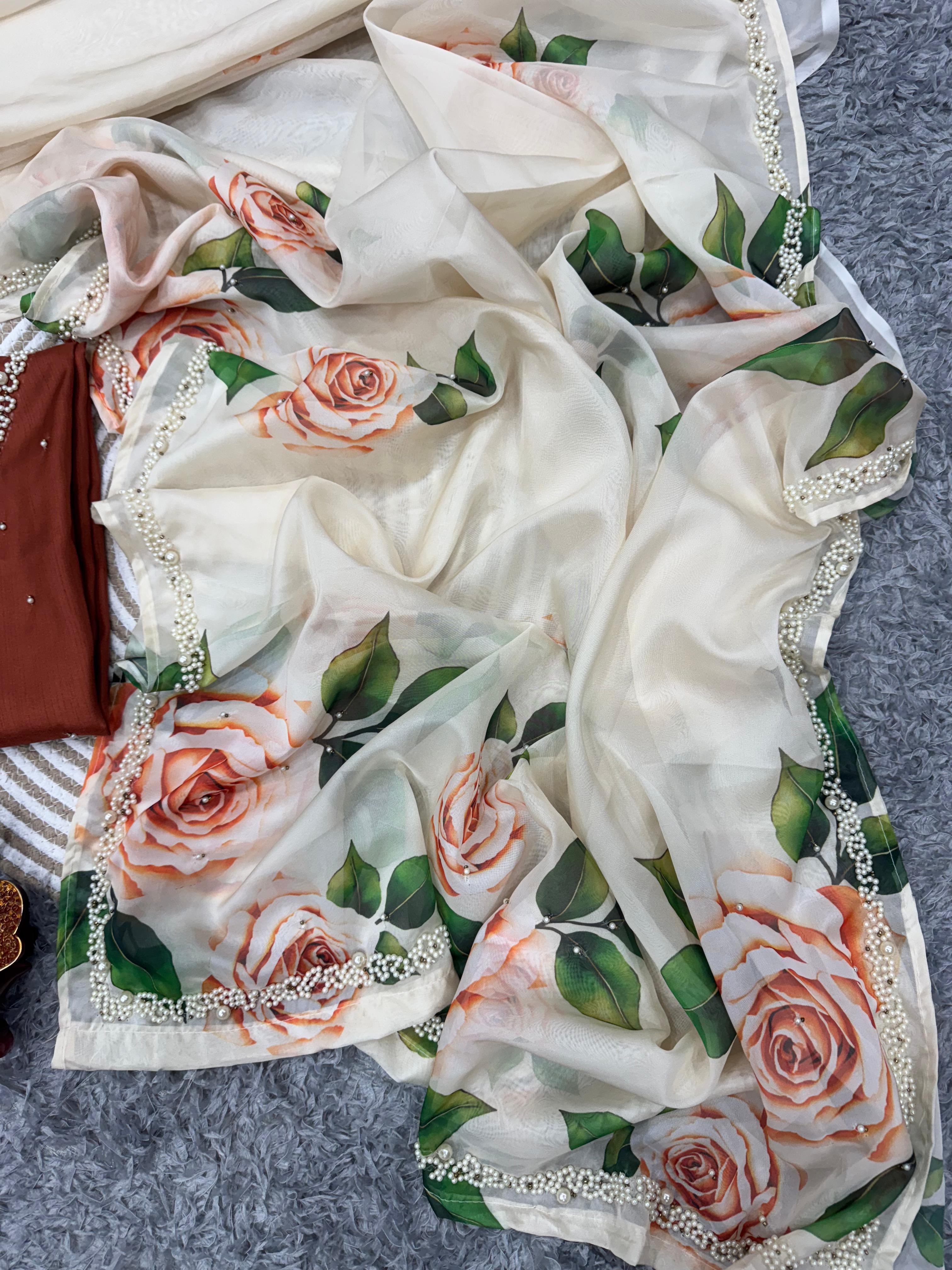 Lovely Floral Print White Color Saree