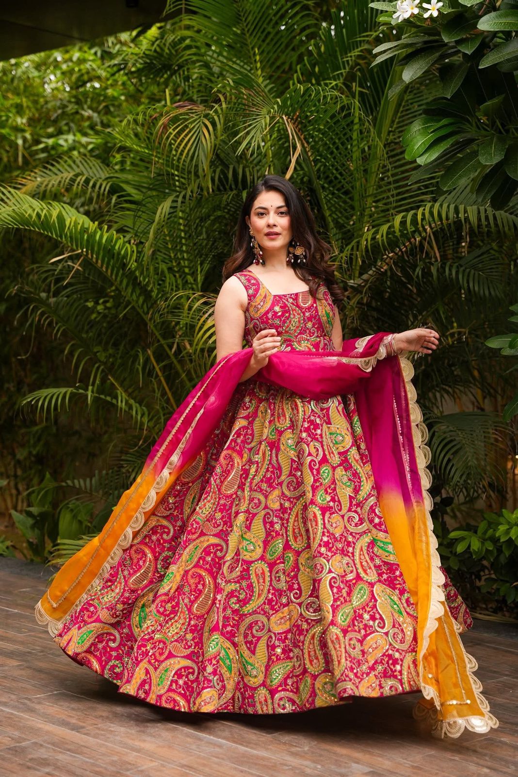 Organza Printed Pink Color Huge Flair Gown