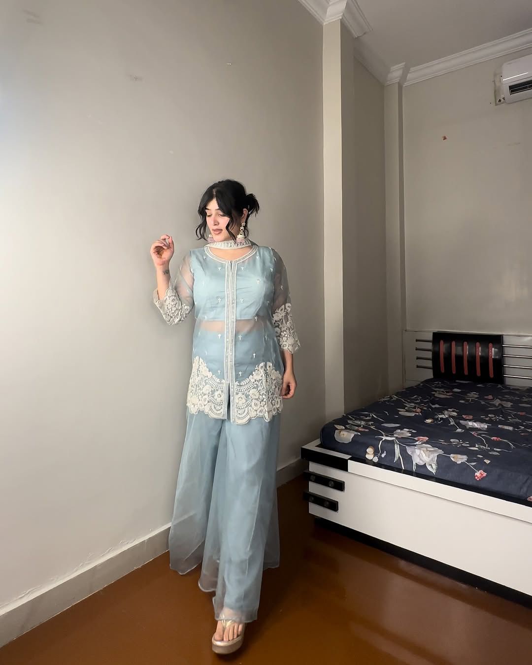 Glimmering Sequence Embroidery Work Sky Blue Color Palazzo Suit