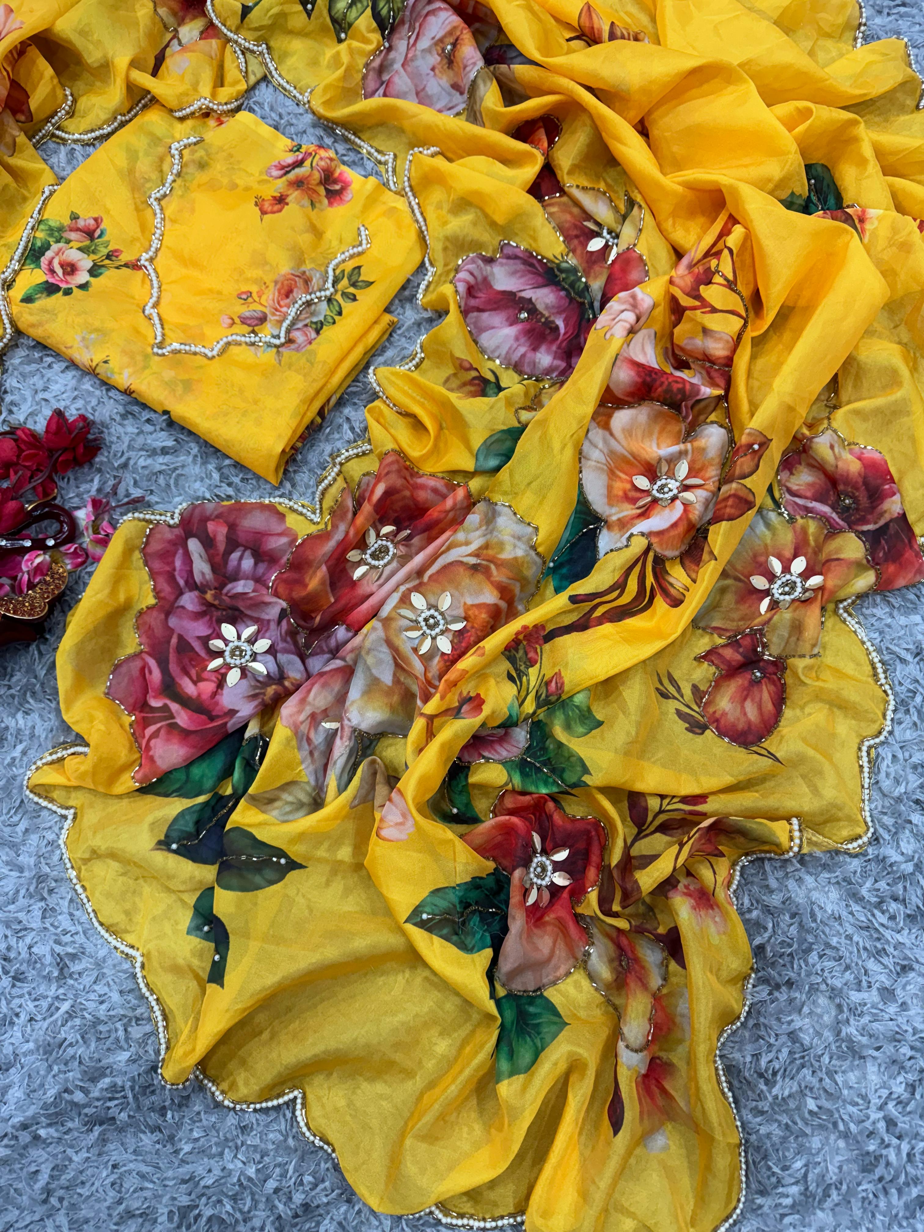 Exclusive Floral Print Yellow Color Saree