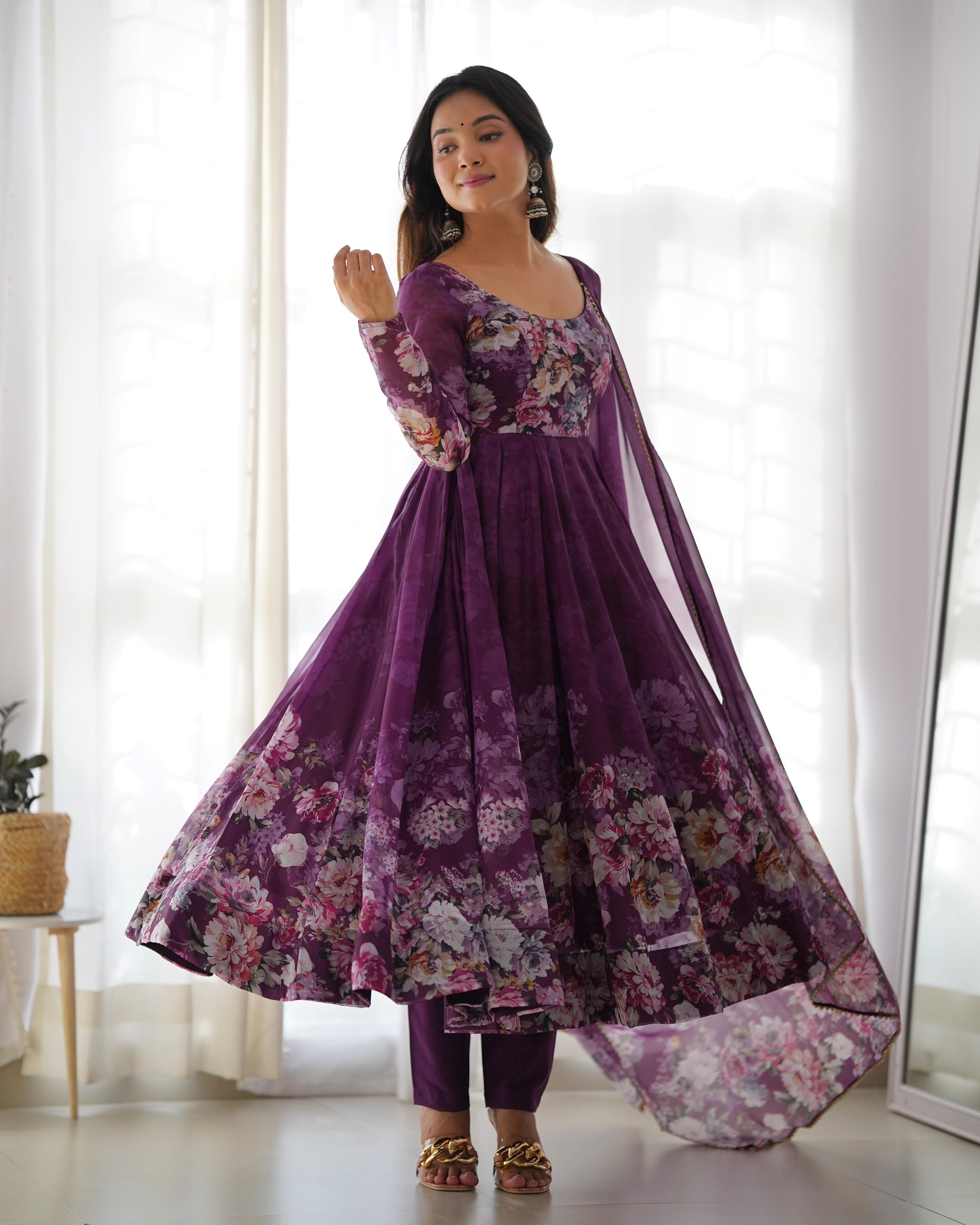 Casual Wear Multi Flower Print Wine Color Anarkali Suit